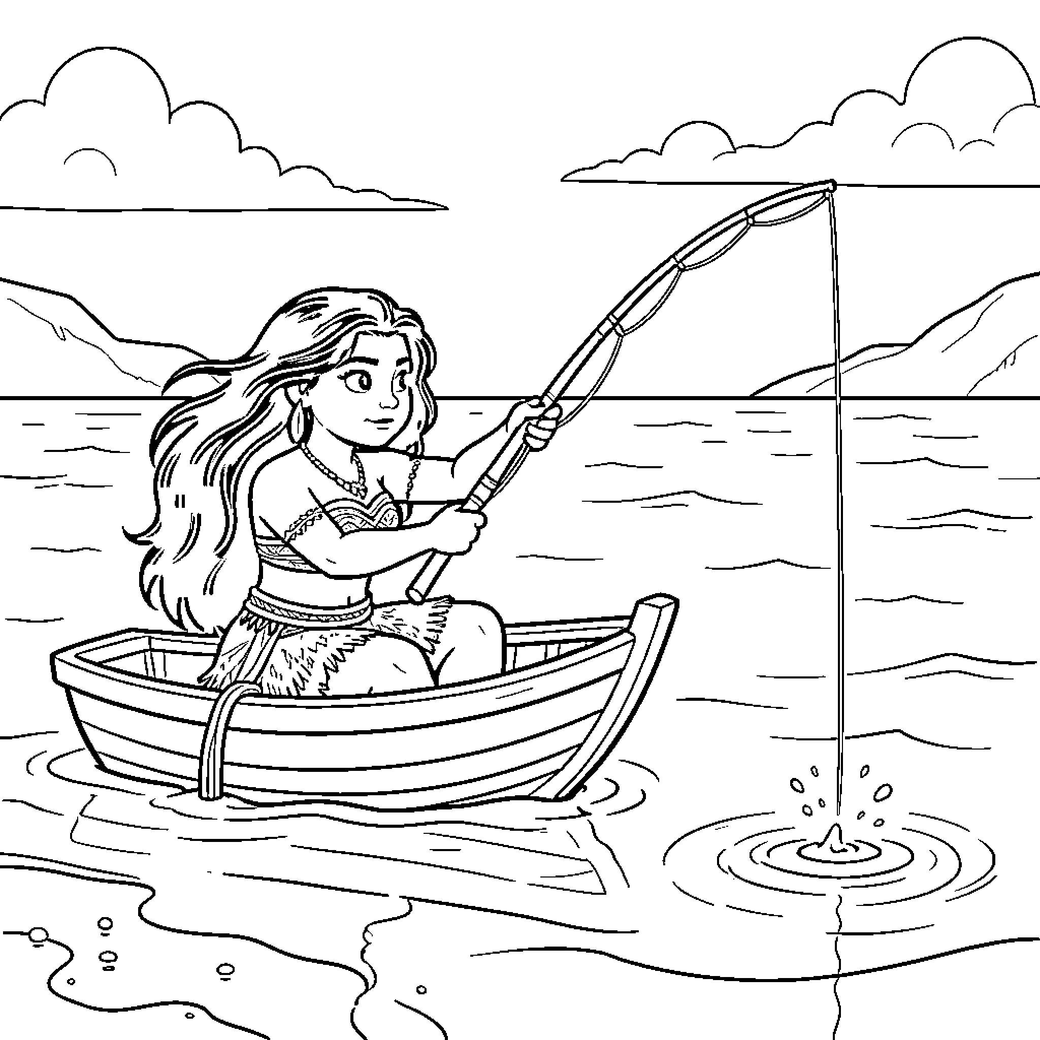 Moana fishing from a small boat on the ocean Coloring Page (free black-and-white line drawing printable PDF for all, from beginners to advanced learners, including children, teens, adults, and seniors)