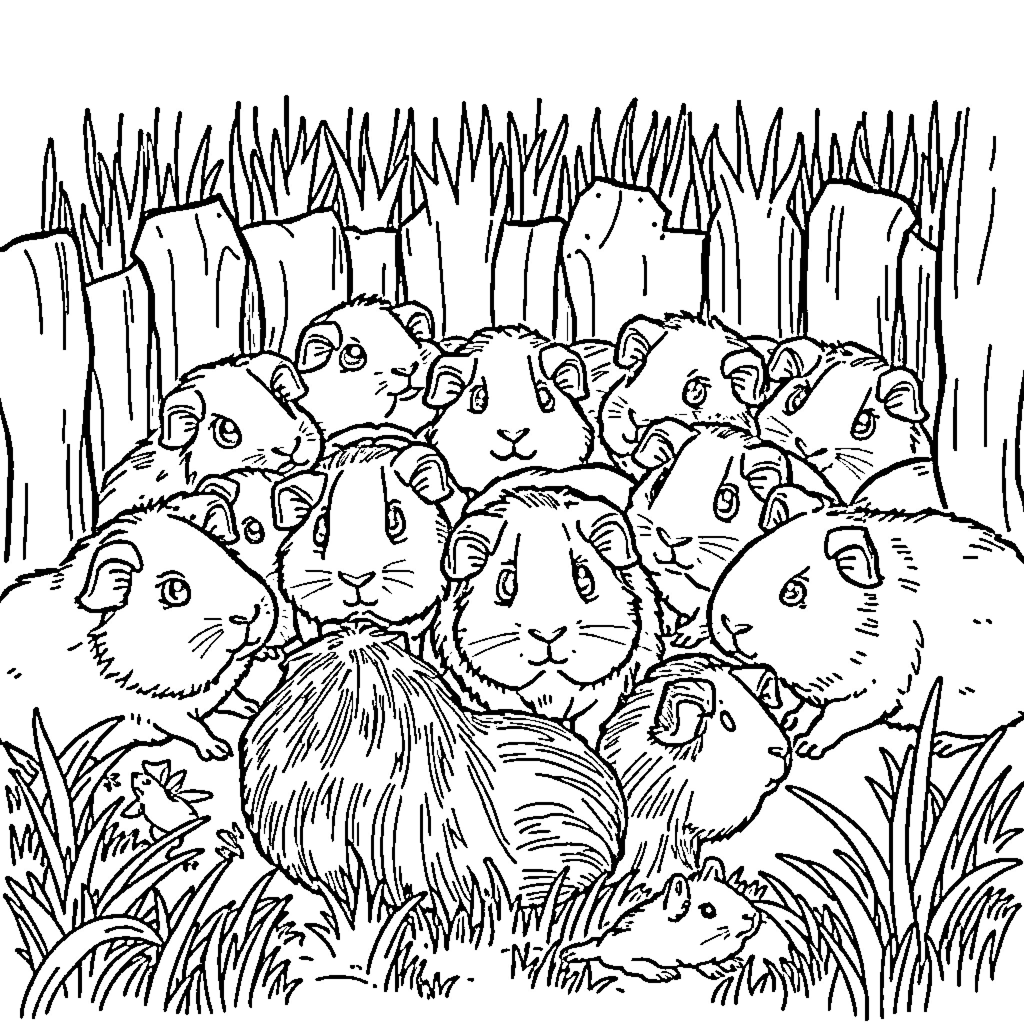 Guinea Pigs Gathered in the Grass Coloring Page (free black-and-white line drawing printable PDF for all, from beginners to advanced learners, including children, teens, adults, and seniors)