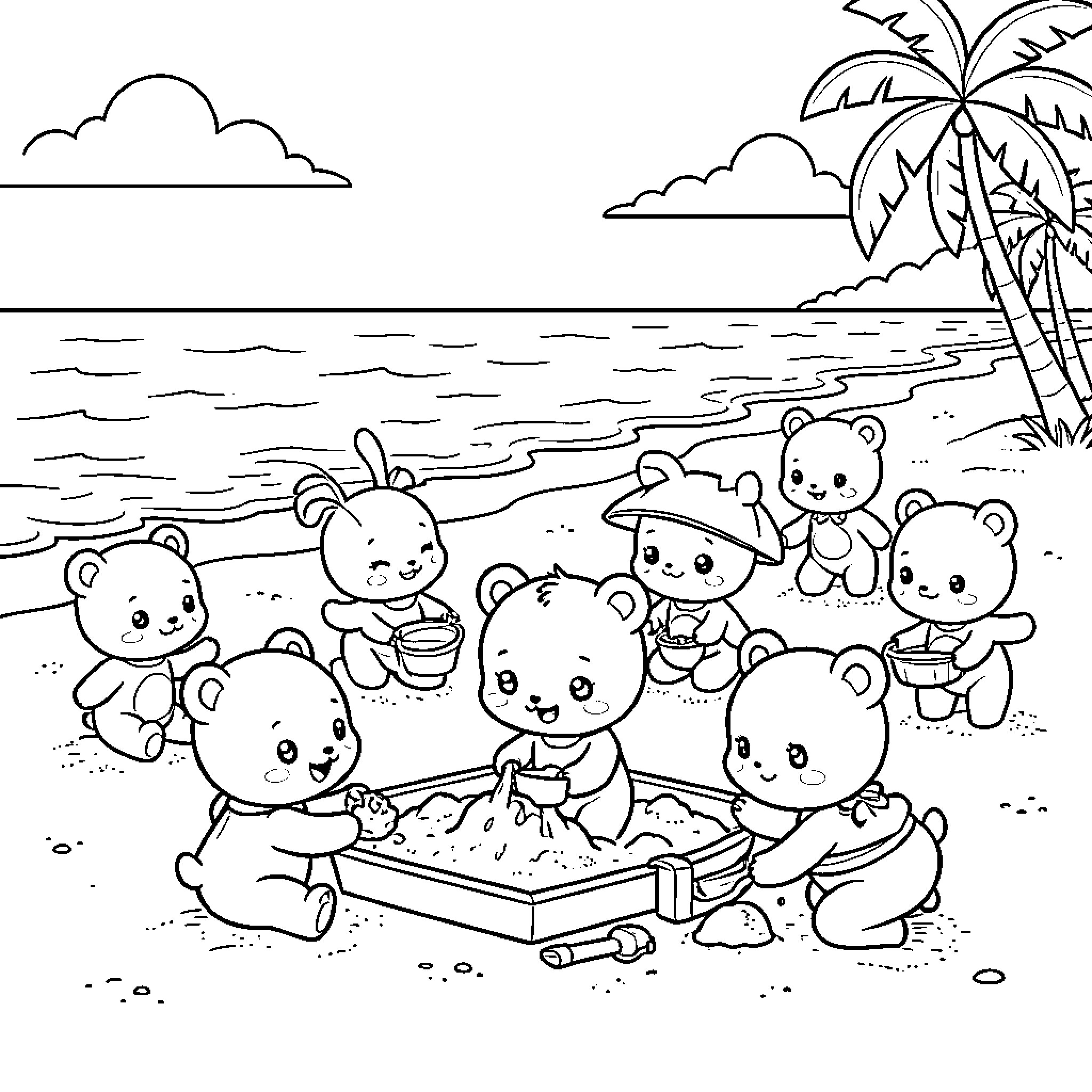 Teddy Bears playing together in a sandpit at the beach Coloring Page (free black-and-white line drawing printable PDF for all, from beginners to advanced learners, including children, teens, adults, and seniors)