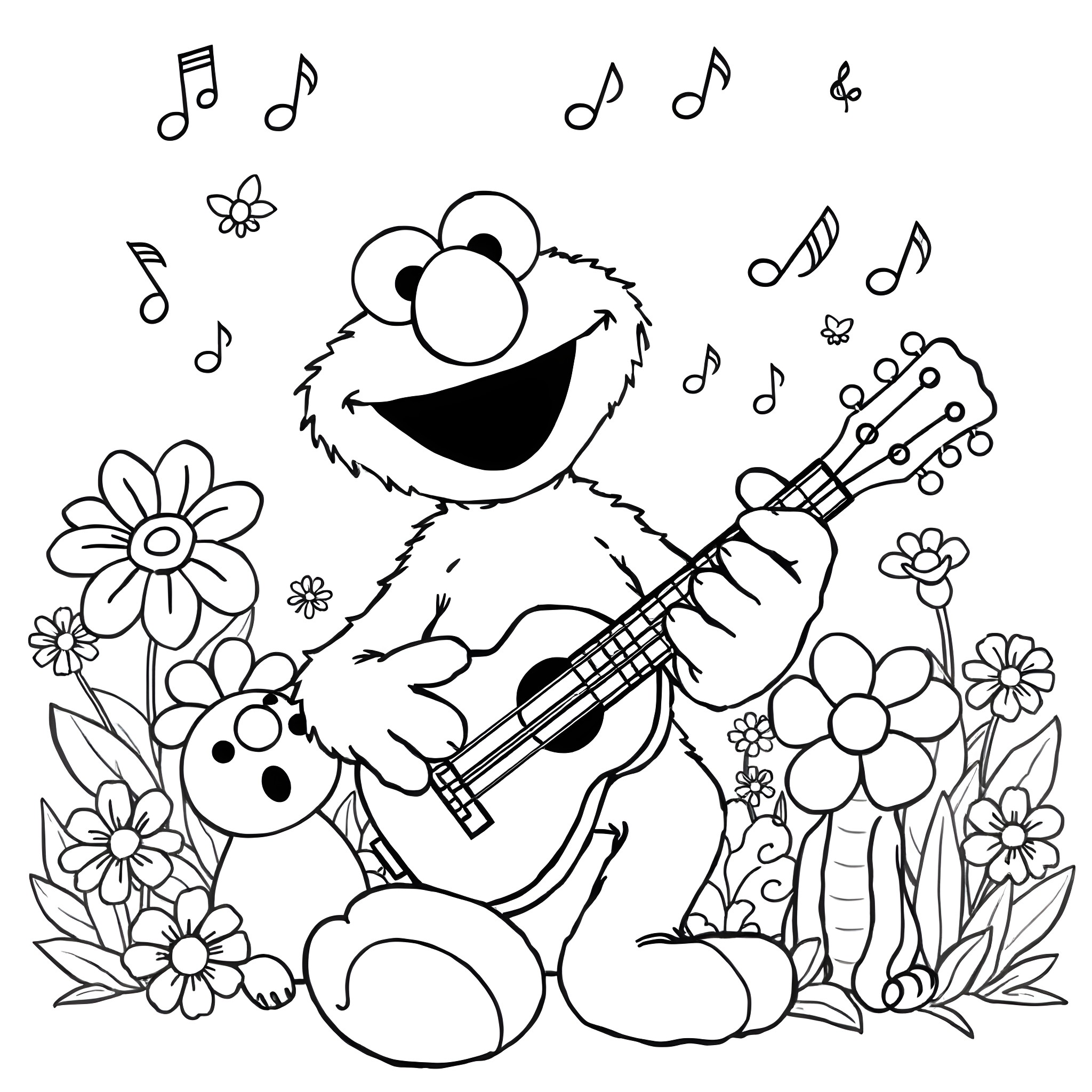 Elmo playing a guitar surrounded by flowers and music notes Coloring Page (free black-and-white line drawing printable PDF for all, from beginners to advanced learners, including children, teens, adults, and seniors)