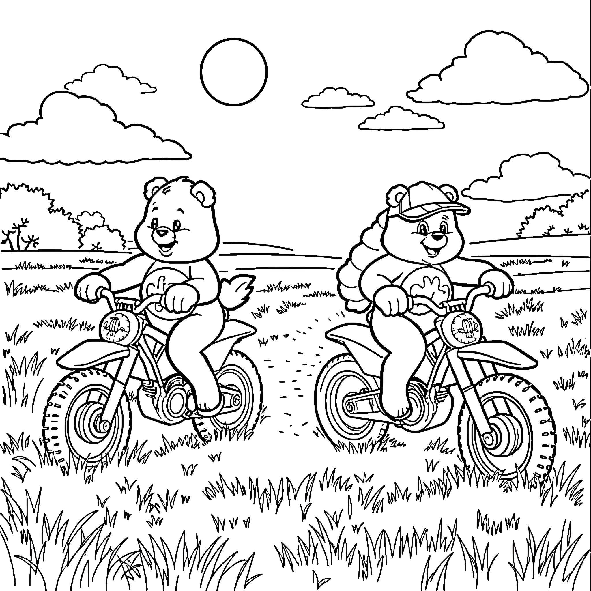 Care Bears on Bikes Enjoying Outdoors Coloring Page (free black-and-white line drawing printable PDF for all, from beginners to advanced learners, including children, teens, adults, and seniors)