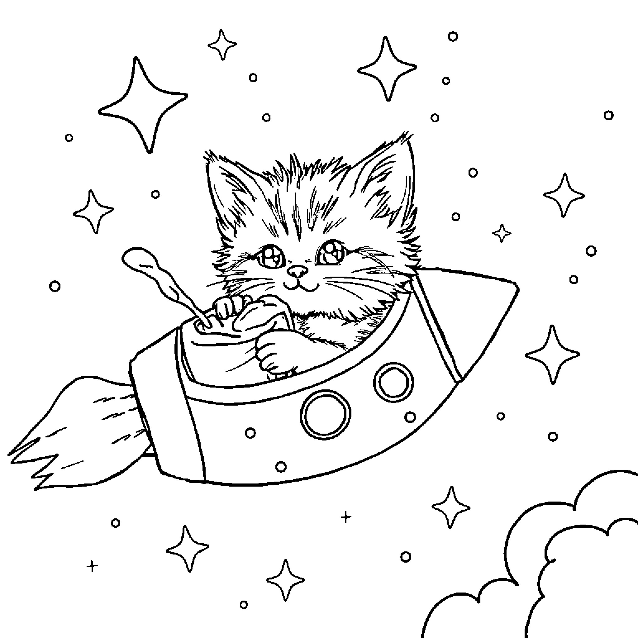 Kitty Exploring the Starry Cosmos Coloring Page (free black-and-white line drawing printable PDF for all, from beginners to advanced learners, including children, teens, adults, and seniors)