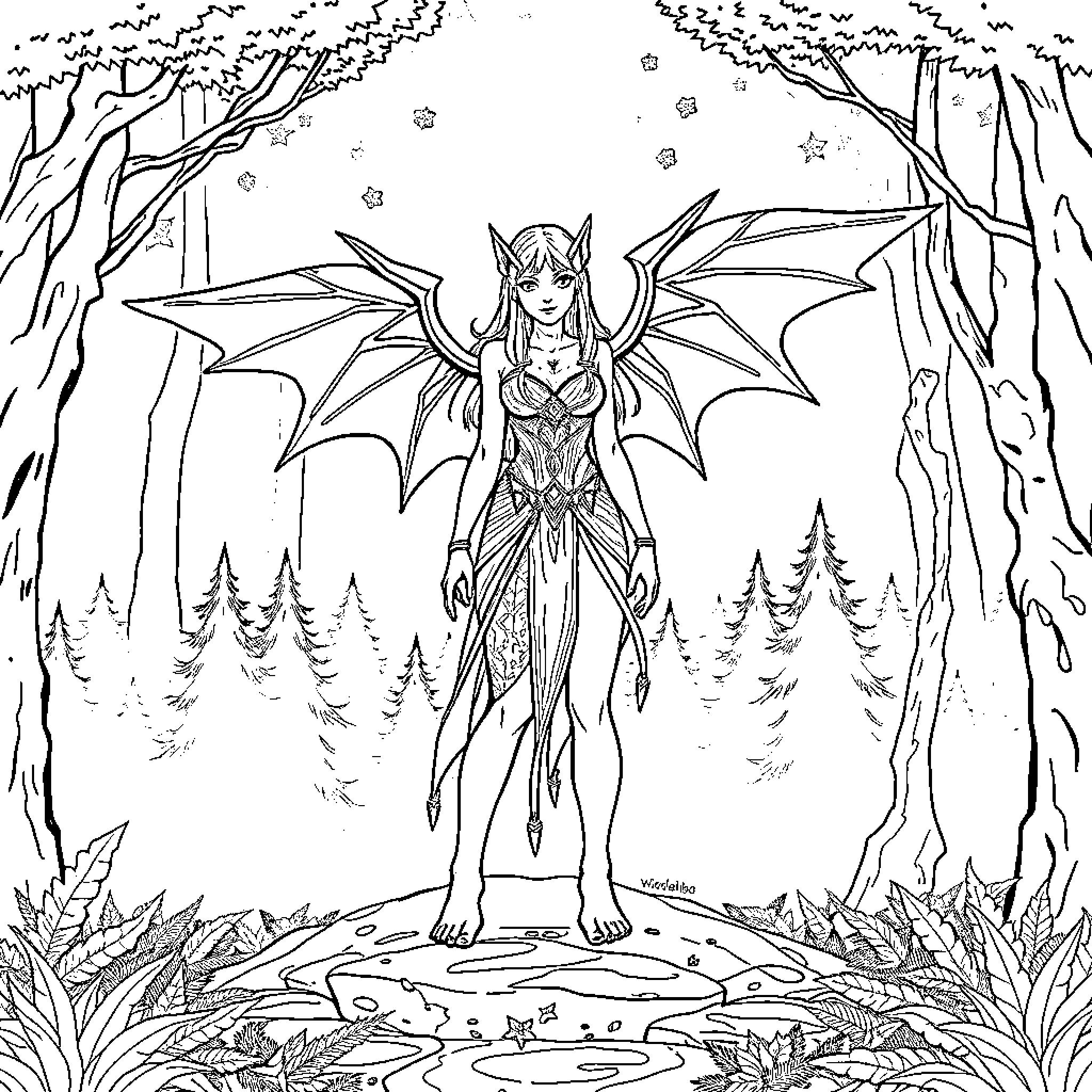 Morgana, the Winged Enchantress in the Enchanted Forest Coloring Page (free black-and-white line drawing printable PDF for all, from beginners to advanced learners, including children, teens, adults, and seniors)