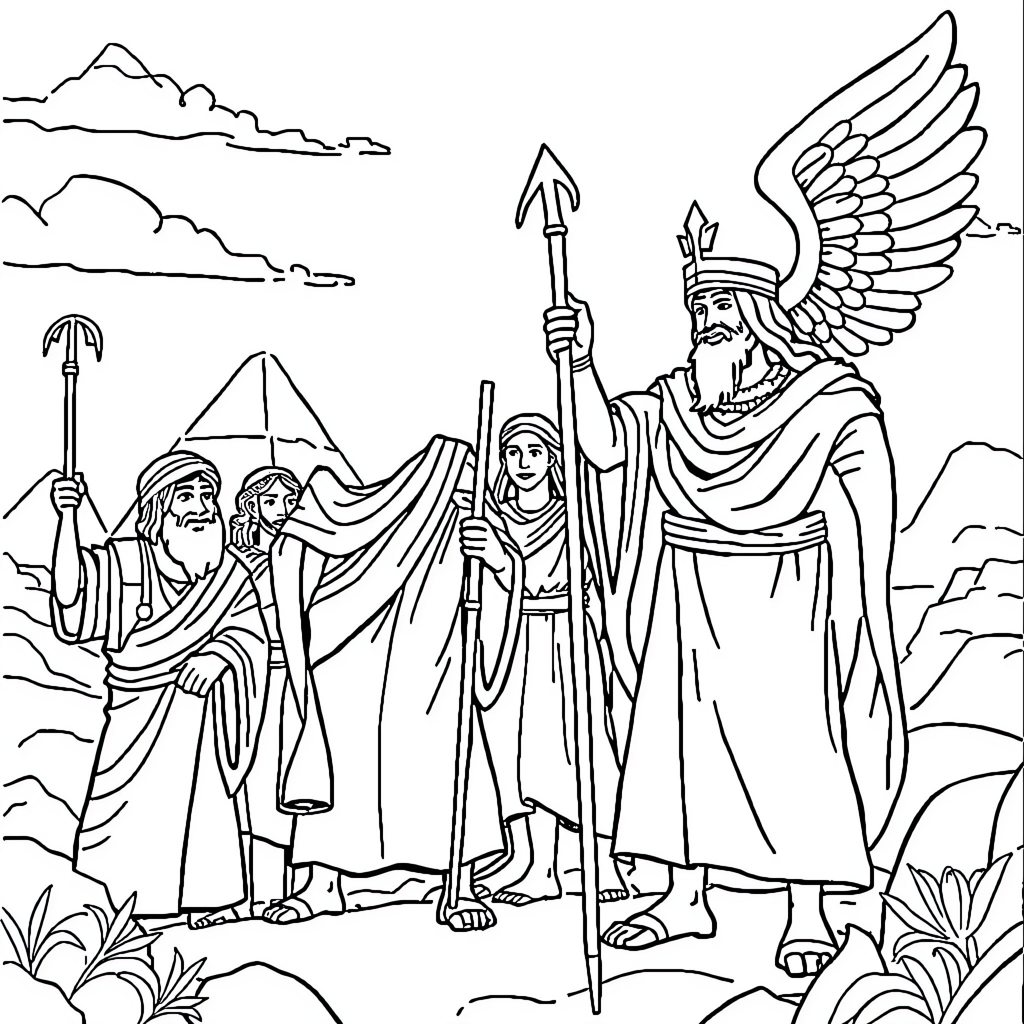 Exodus of People Guided by a Winged Divine Figure Coloring Page (free black-and-white line drawing printable PDF for all, from beginners to advanced learners, including children, teens, adults, and seniors)
