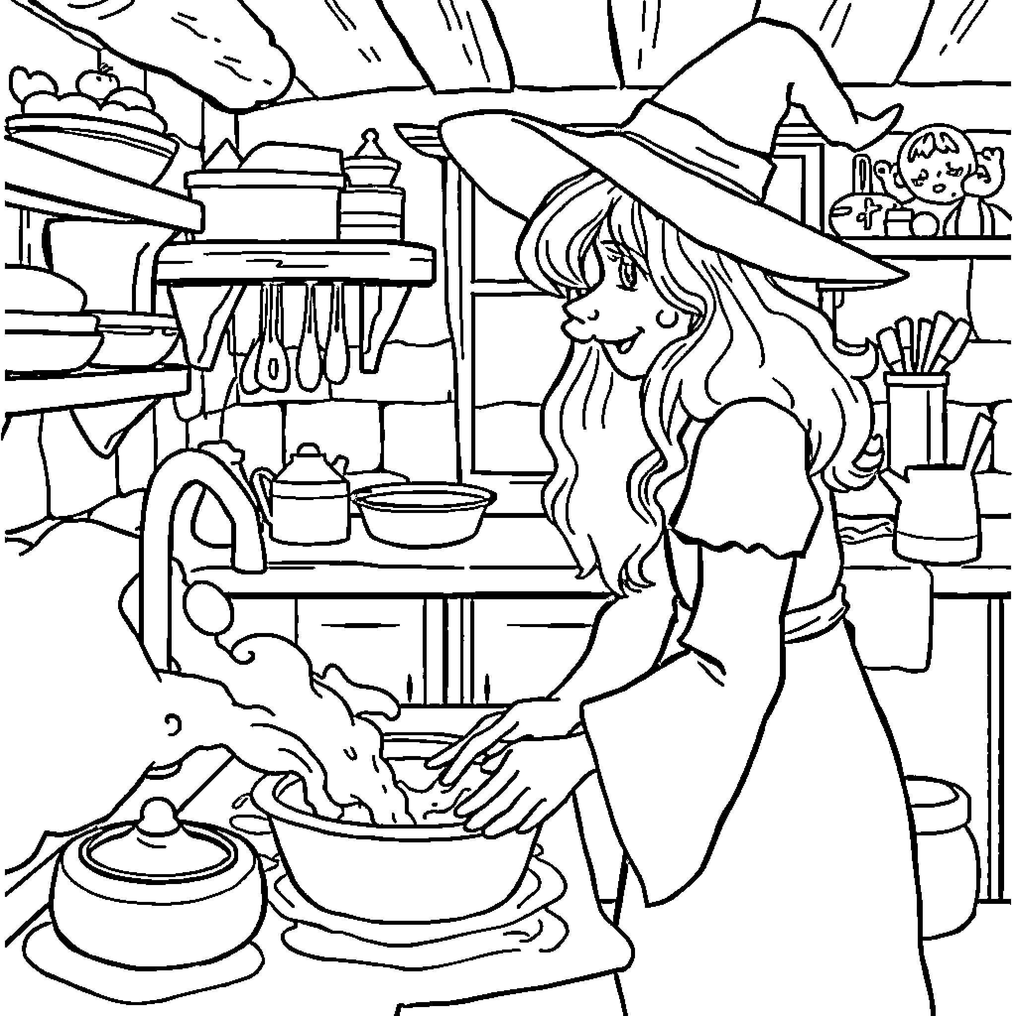 Witch Cooking in a Magical Kitchen Coloring Page (free black-and-white line drawing printable PDF for all, from beginners to advanced learners, including children, teens, adults, and seniors)