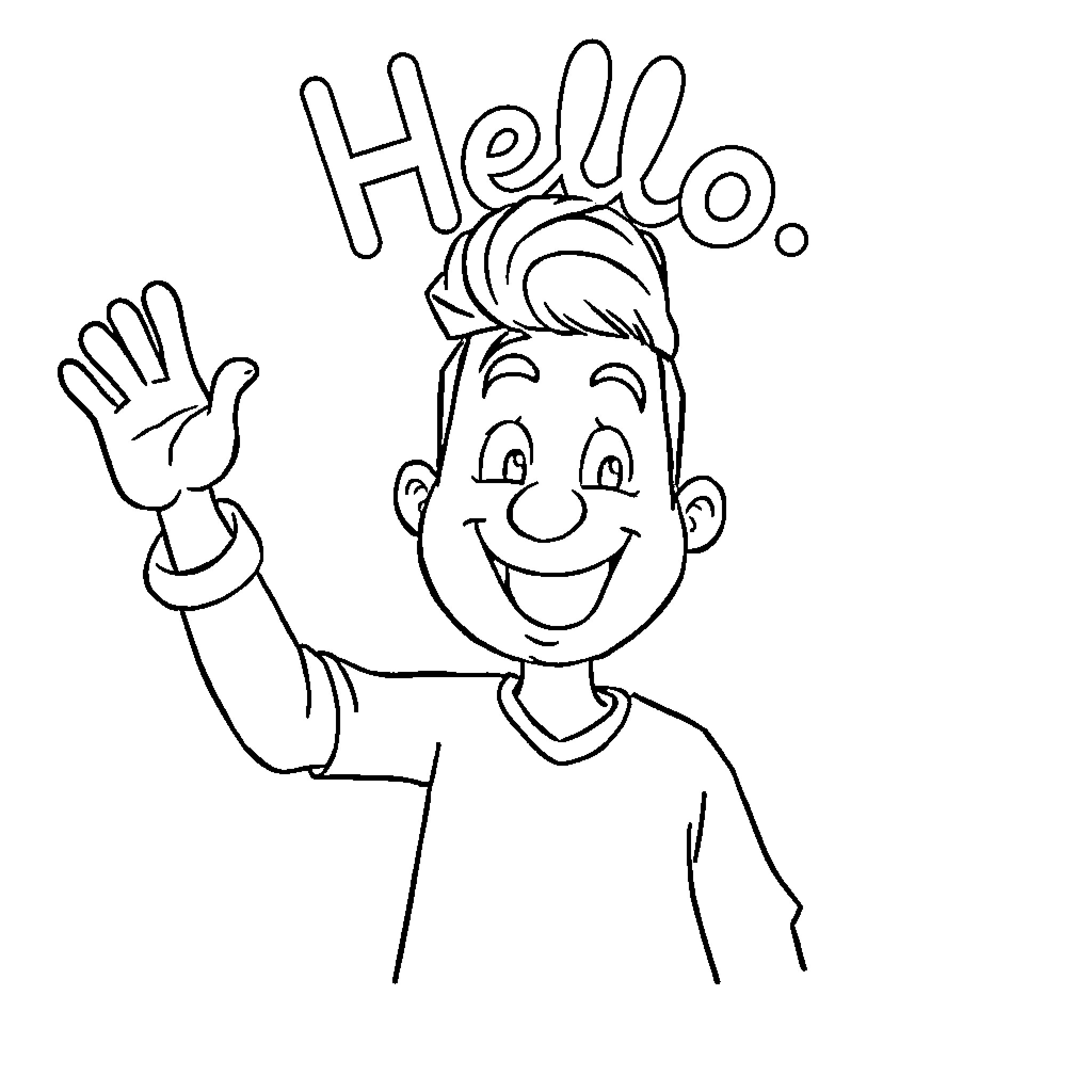 Hello, Friendly Character Waving Coloring Page (free black-and-white line drawing printable PDF for all, from beginners to advanced learners, including children, teens, adults, and seniors)