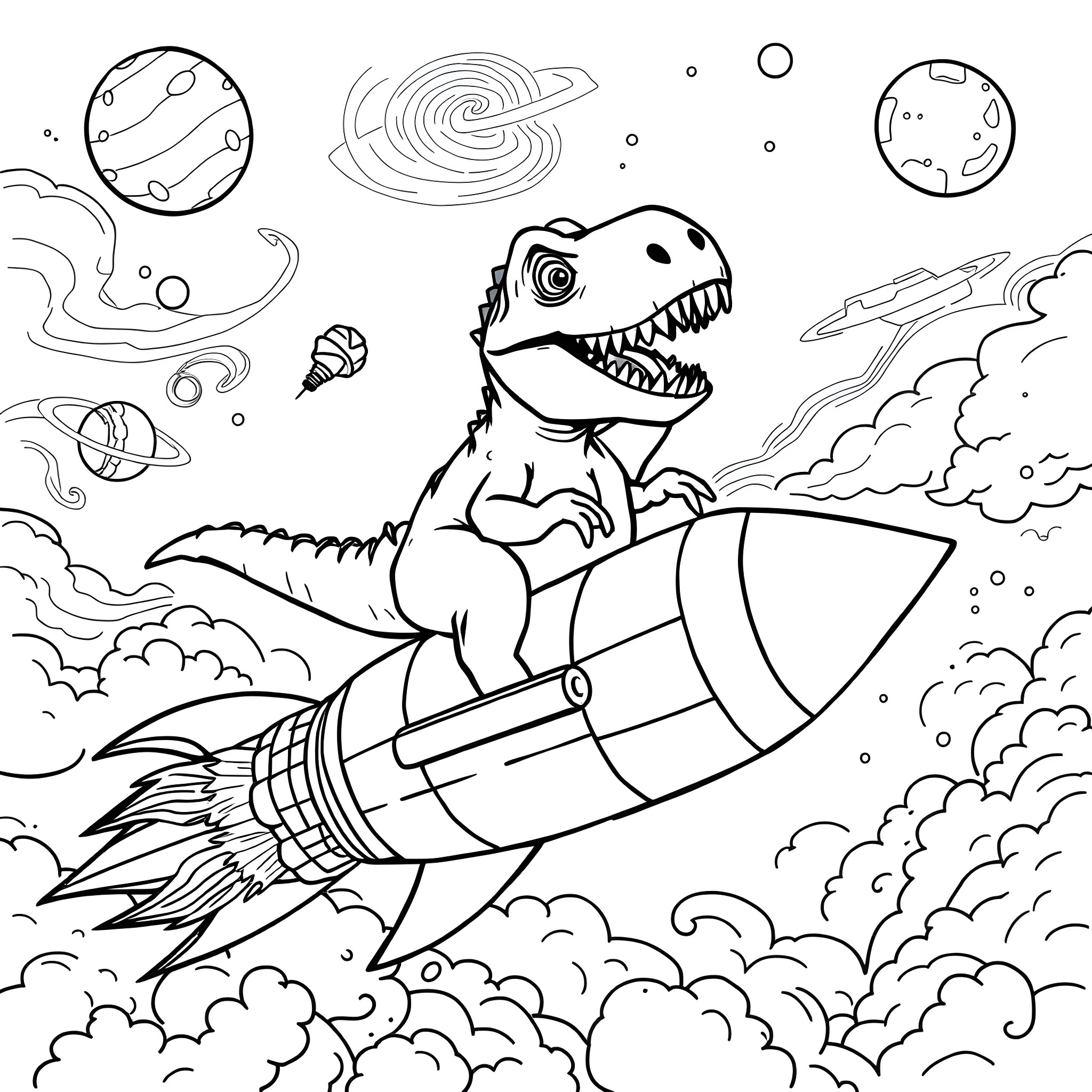 T-Rex riding a rocket through space Coloring Page (free black-and-white line drawing printable PDF for all, from beginners to advanced learners, including children, teens, adults, and seniors)