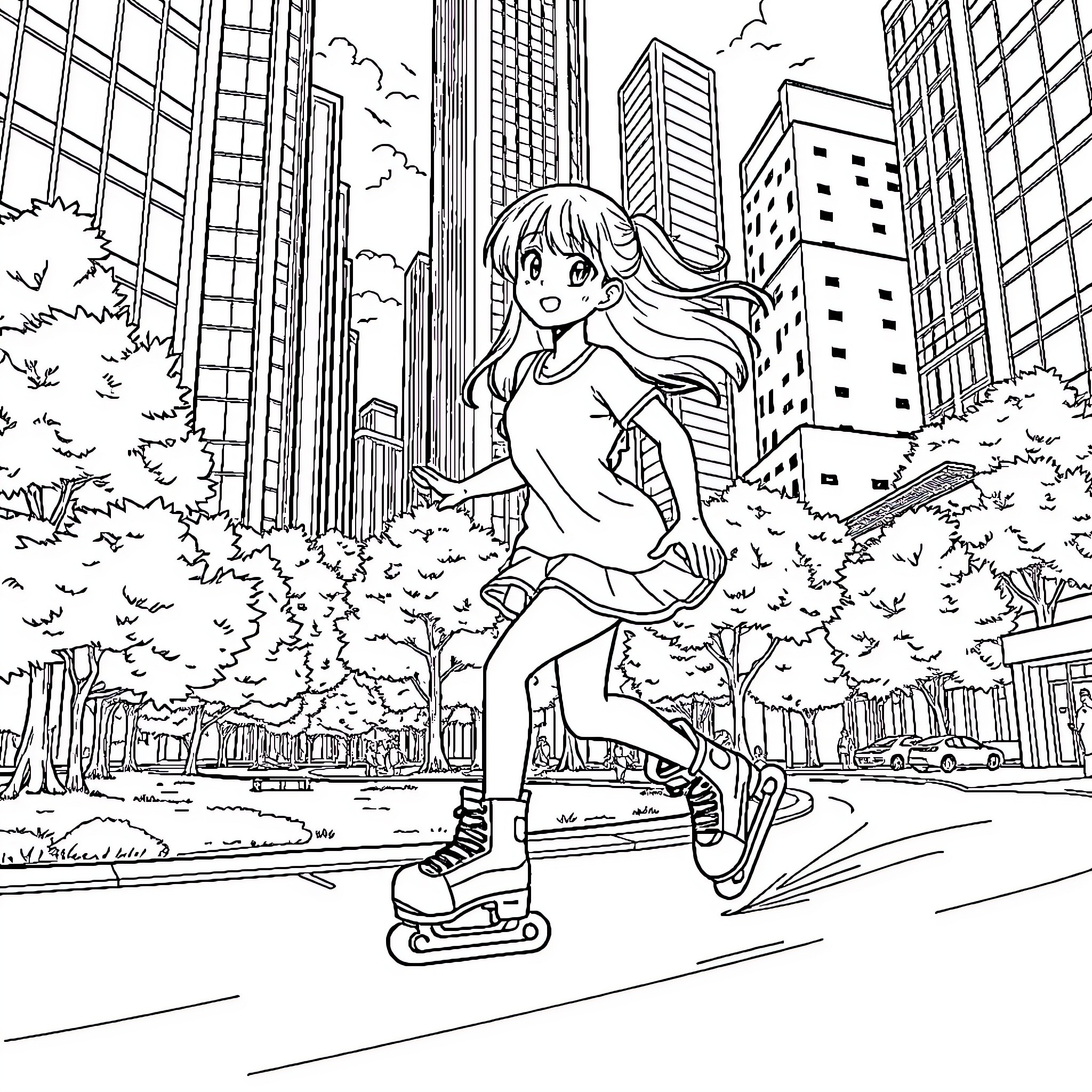 Anime Girl Rollerblading through the City Coloring Page (free black-and-white line drawing printable PDF for all, from beginners to advanced learners, including children, teens, adults, and seniors)