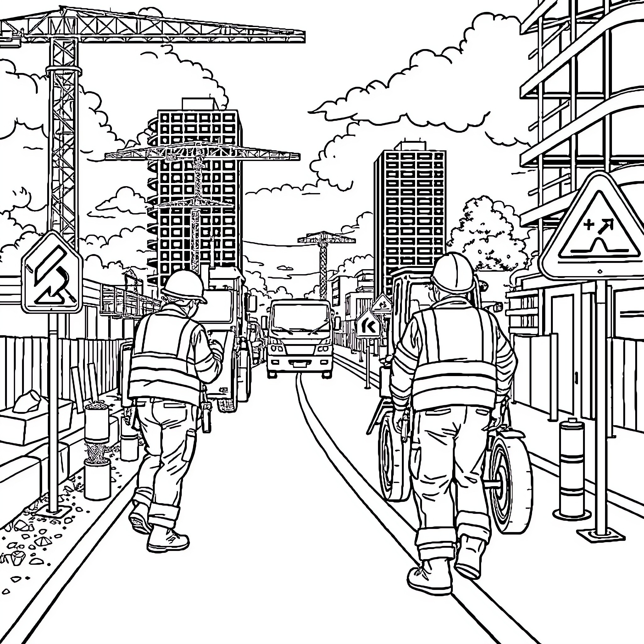 Engin construction workers in urban cityscape Coloring Page (free black-and-white line drawing printable PDF for all, from beginners to advanced learners, including children, teens, adults, and seniors)