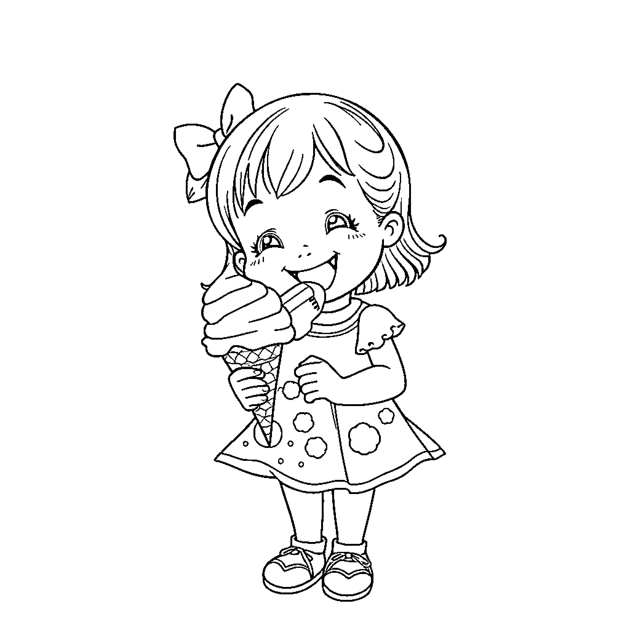 Girl enjoying ice cream cone with delight Coloring Page (free black-and-white line drawing printable PDF for all, from beginners to advanced learners, including children, teens, adults, and seniors)