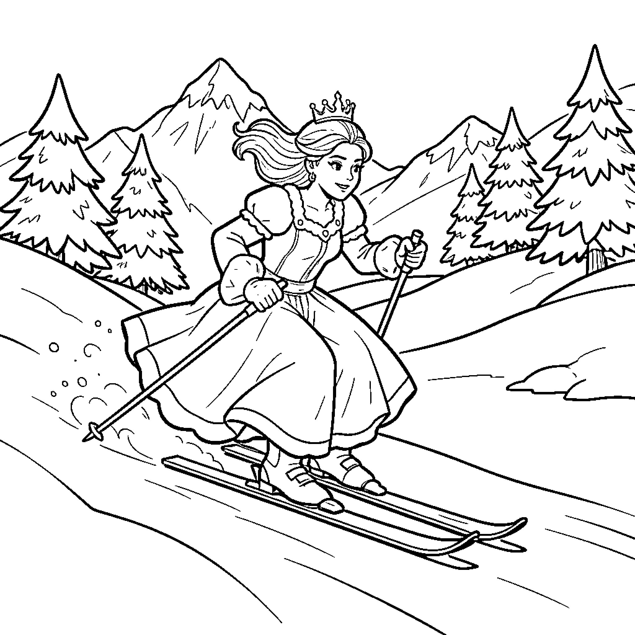 Princess Skiing in the Snowy Mountains Coloring Page (free black-and-white line drawing printable PDF for all, from beginners to advanced learners, including children, teens, adults, and seniors)