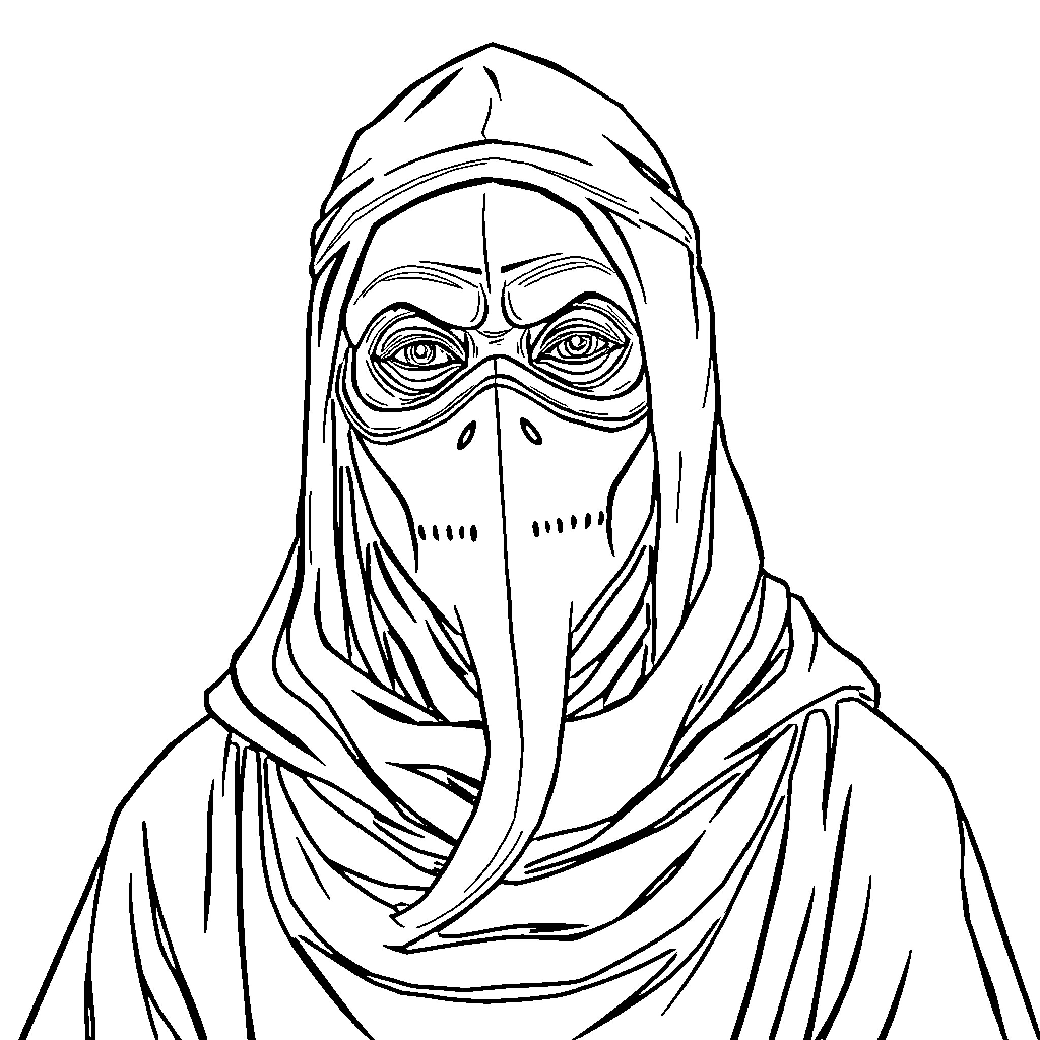 Corbac - Hooded figure in mysterious attire Coloring Page (free black-and-white line drawing printable PDF for all, from beginners to advanced learners, including children, teens, adults, and seniors)