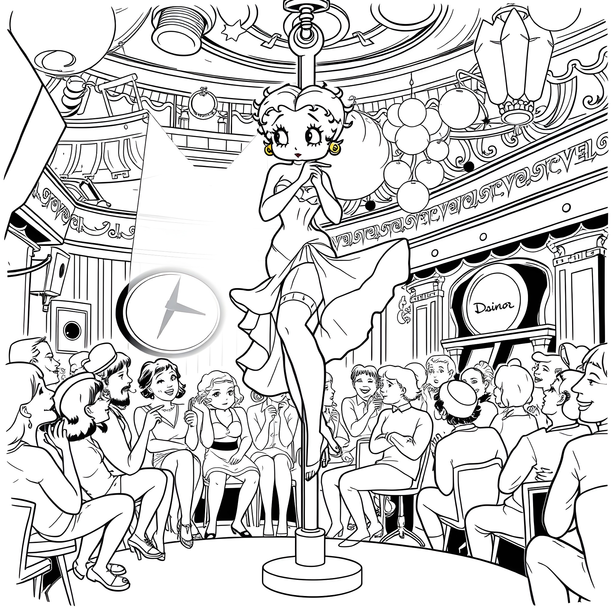 Betty Boop performing on stage for an audience Coloring Page (free black-and-white line drawing printable PDF for all, from beginners to advanced learners, including children, teens, adults, and seniors)
