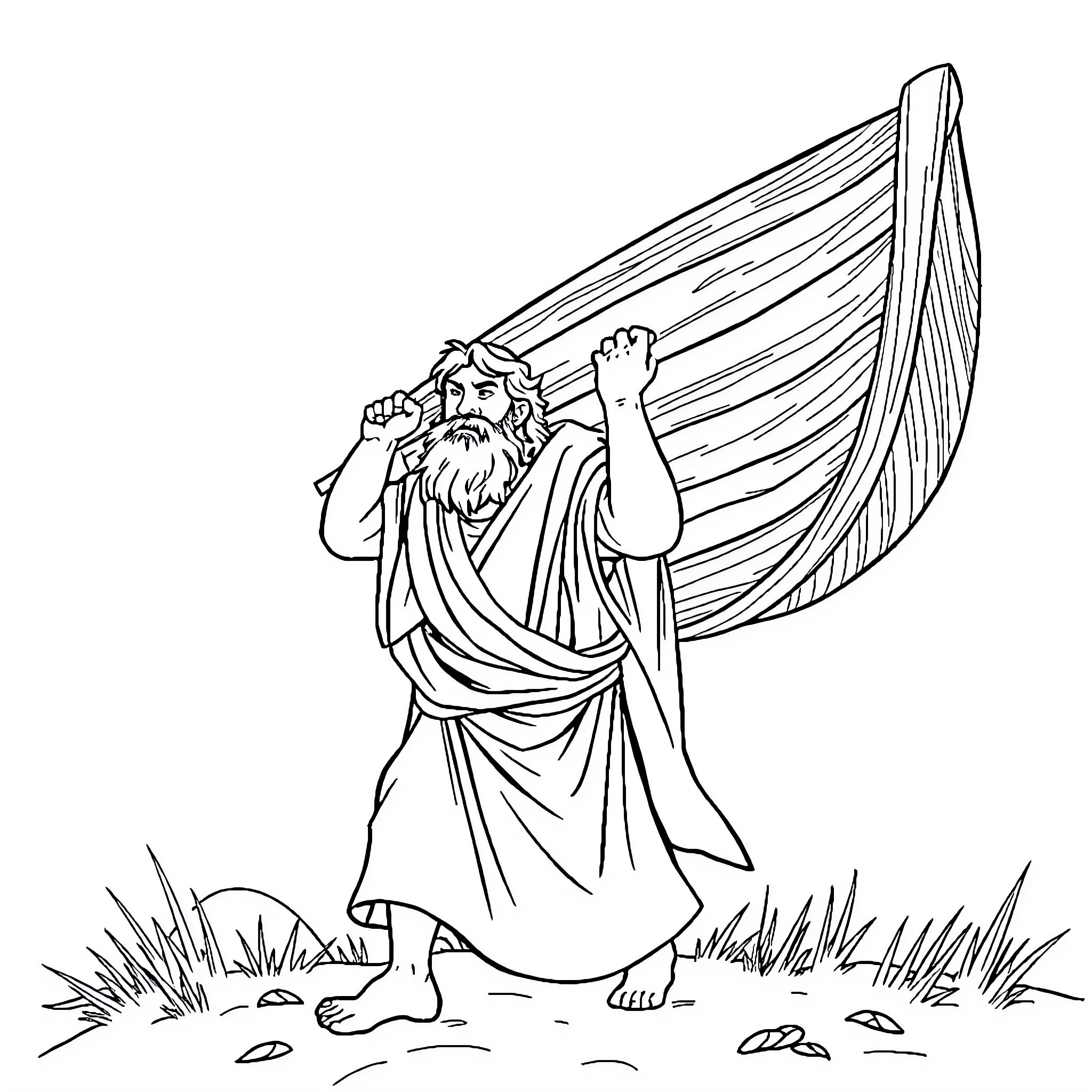 Noah Navigating His Ark Through the Flood Coloring Page (free black-and-white line drawing printable PDF for all, from beginners to advanced learners, including children, teens, adults, and seniors)