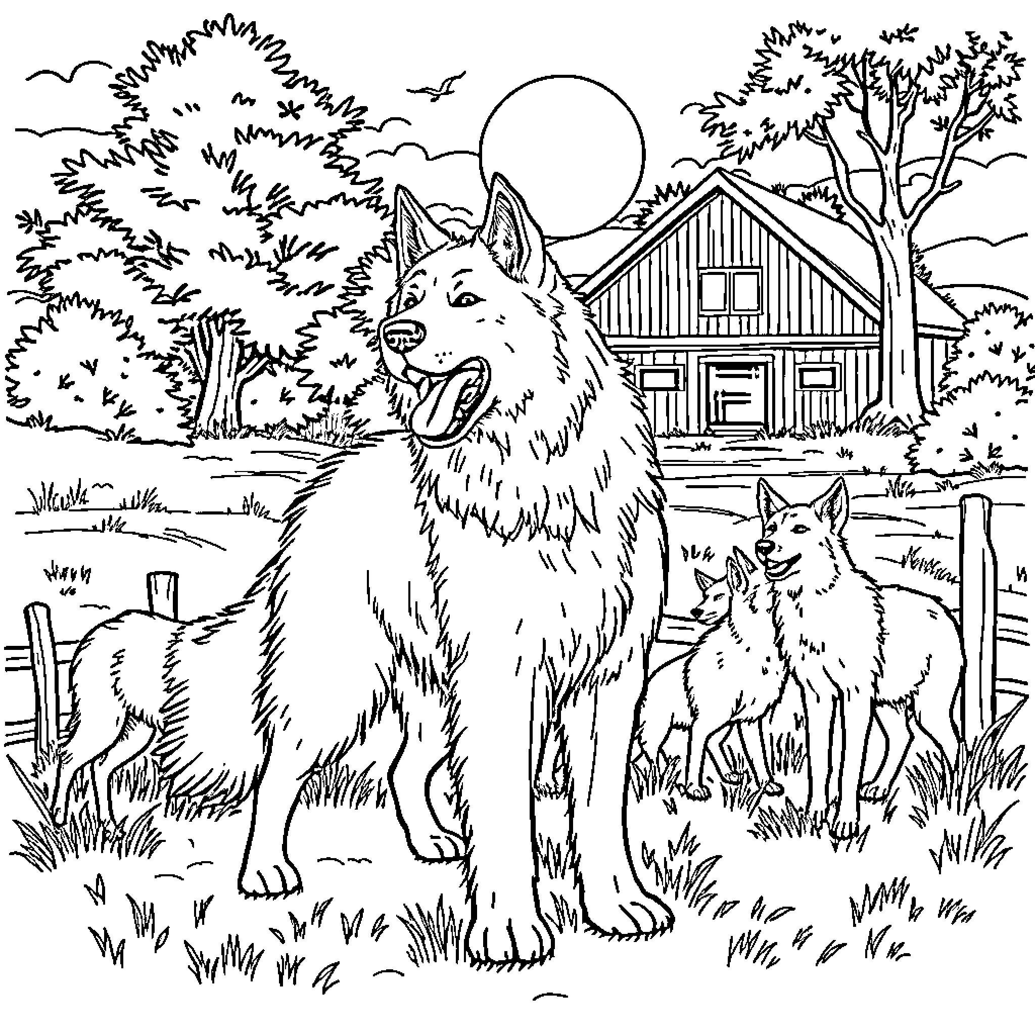 Great Pyrenees family in the countryside Coloring Page (free black-and-white line drawing printable PDF for all, from beginners to advanced learners, including children, teens, adults, and seniors)