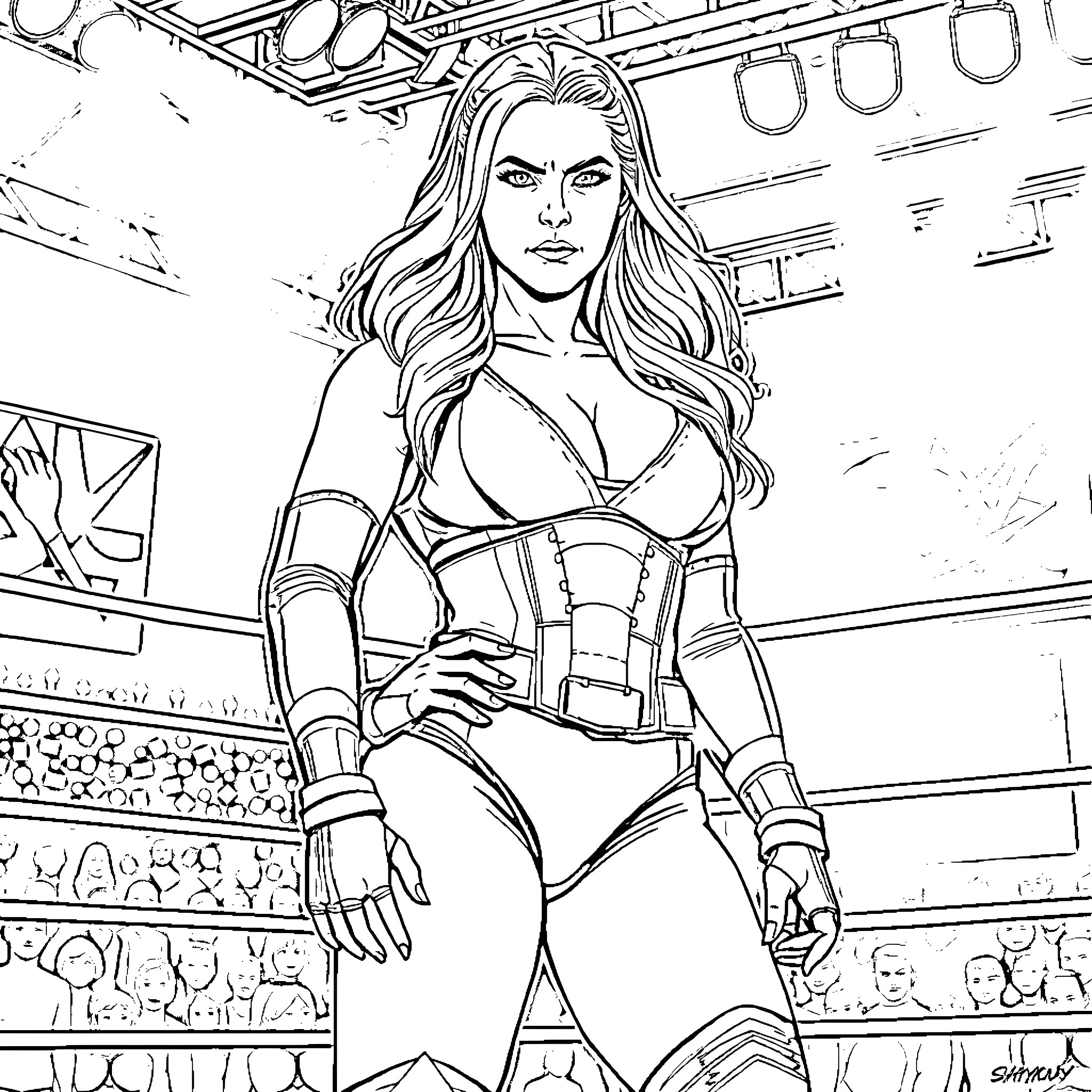 Rhea Ripley Stands Confidently in the Ring Coloring Page (free black-and-white line drawing printable PDF for all, from beginners to advanced learners, including children, teens, adults, and seniors)