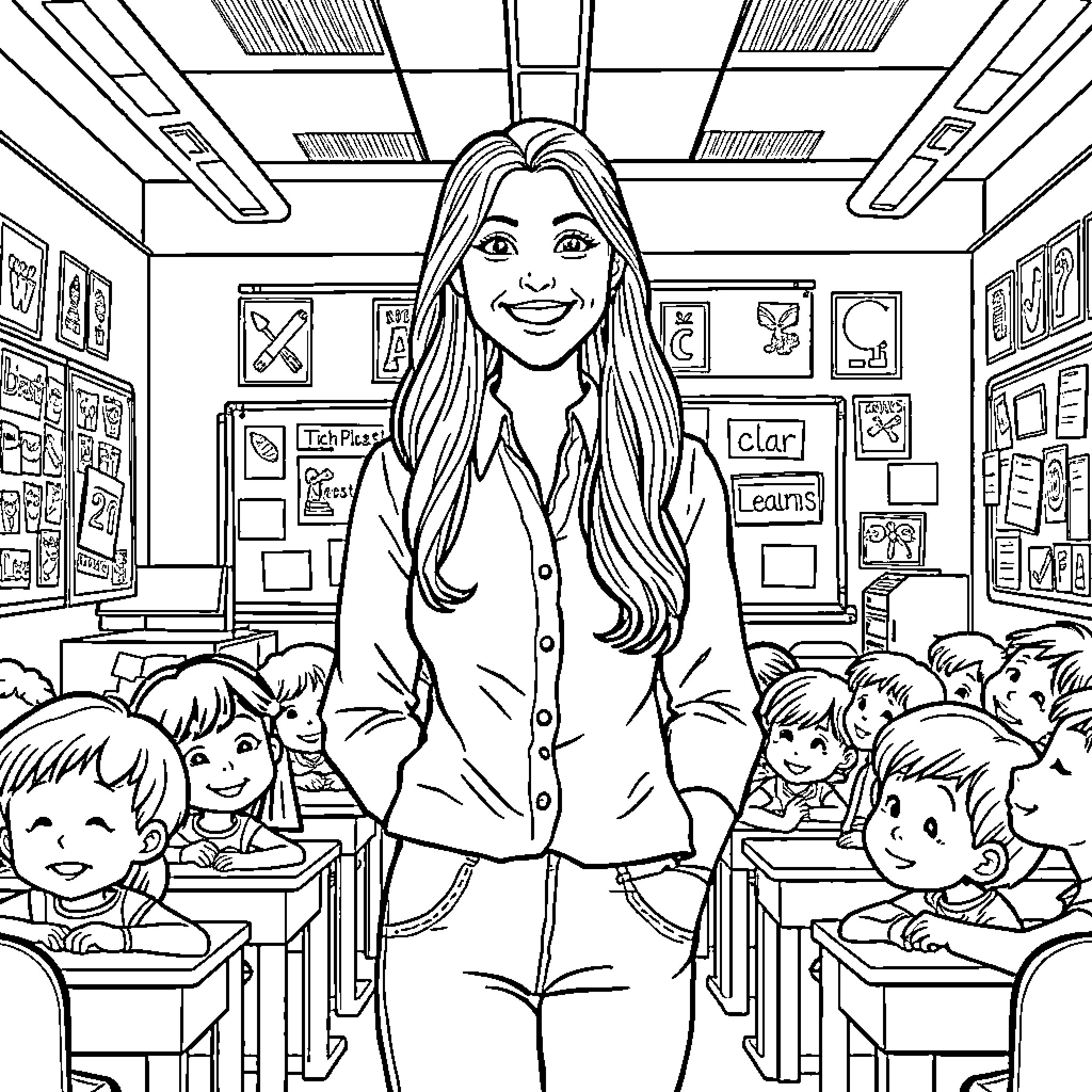 Teacher smiling with students in a classroom Coloring Page (free black-and-white line drawing printable PDF for all, from beginners to advanced learners, including children, teens, adults, and seniors)