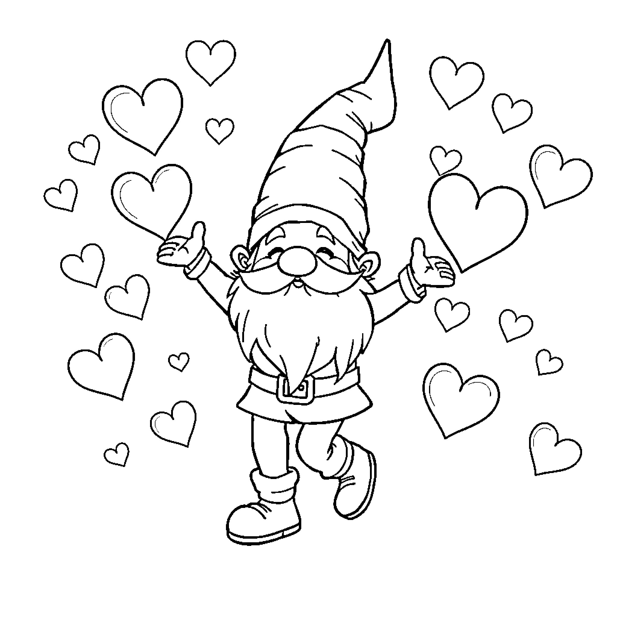 Gnome spreading joy with hearts Coloring Page (free black-and-white line drawing printable PDF for all, from beginners to advanced learners, including children, teens, adults, and seniors)