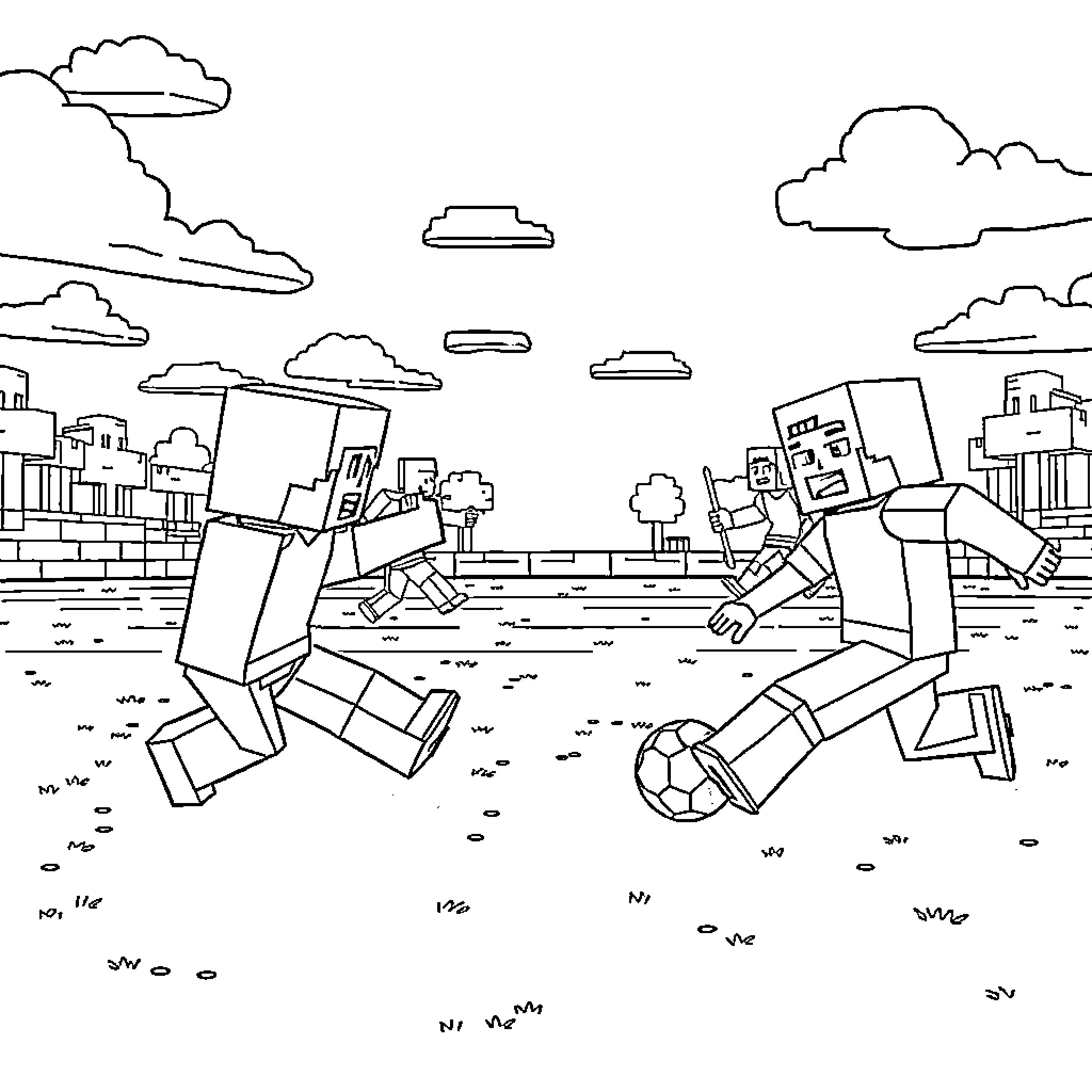 Minecraft characters playing soccer in the city Coloring Page (free black-and-white line drawing printable PDF for all, from beginners to advanced learners, including children, teens, adults, and seniors)