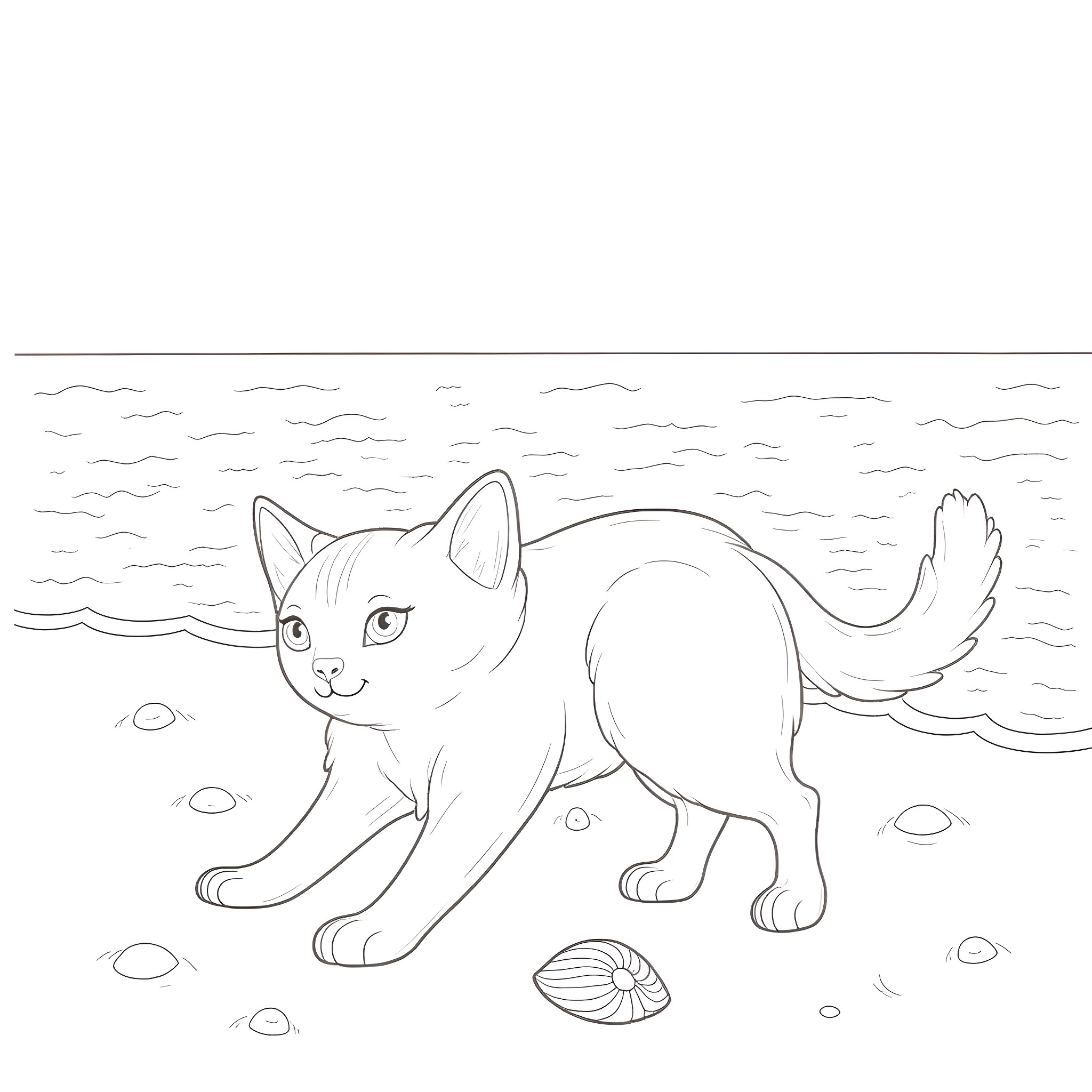 Cat exploring the beach Coloring Page (free black-and-white line drawing printable PDF for all, from beginners to advanced learners, including children, teens, adults, and seniors)