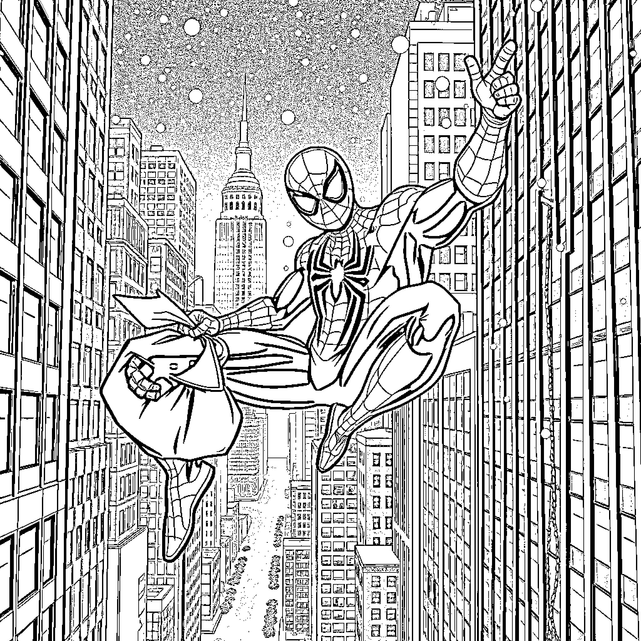 Spider-Man Swinging Through the City Skyline Coloring Page (free black-and-white line drawing printable PDF for all, from beginners to advanced learners, including children, teens, adults, and seniors)