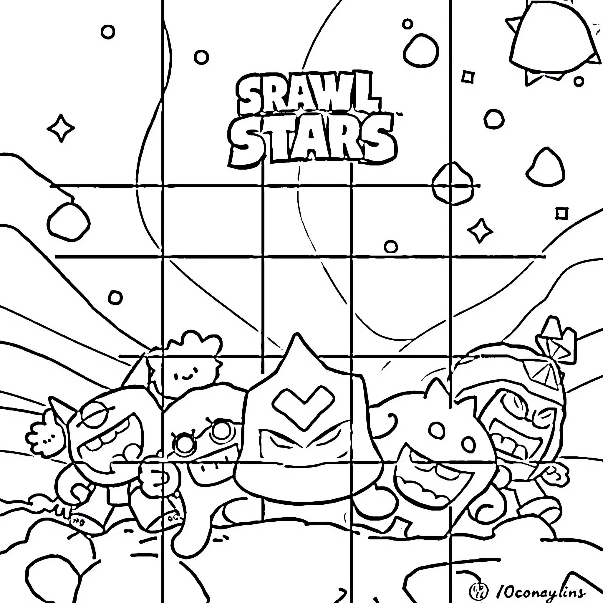 Brawl Stars characters in action-packed scene Coloring Page (free black-and-white line drawing printable PDF for all, from beginners to advanced learners, including children, teens, adults, and seniors)