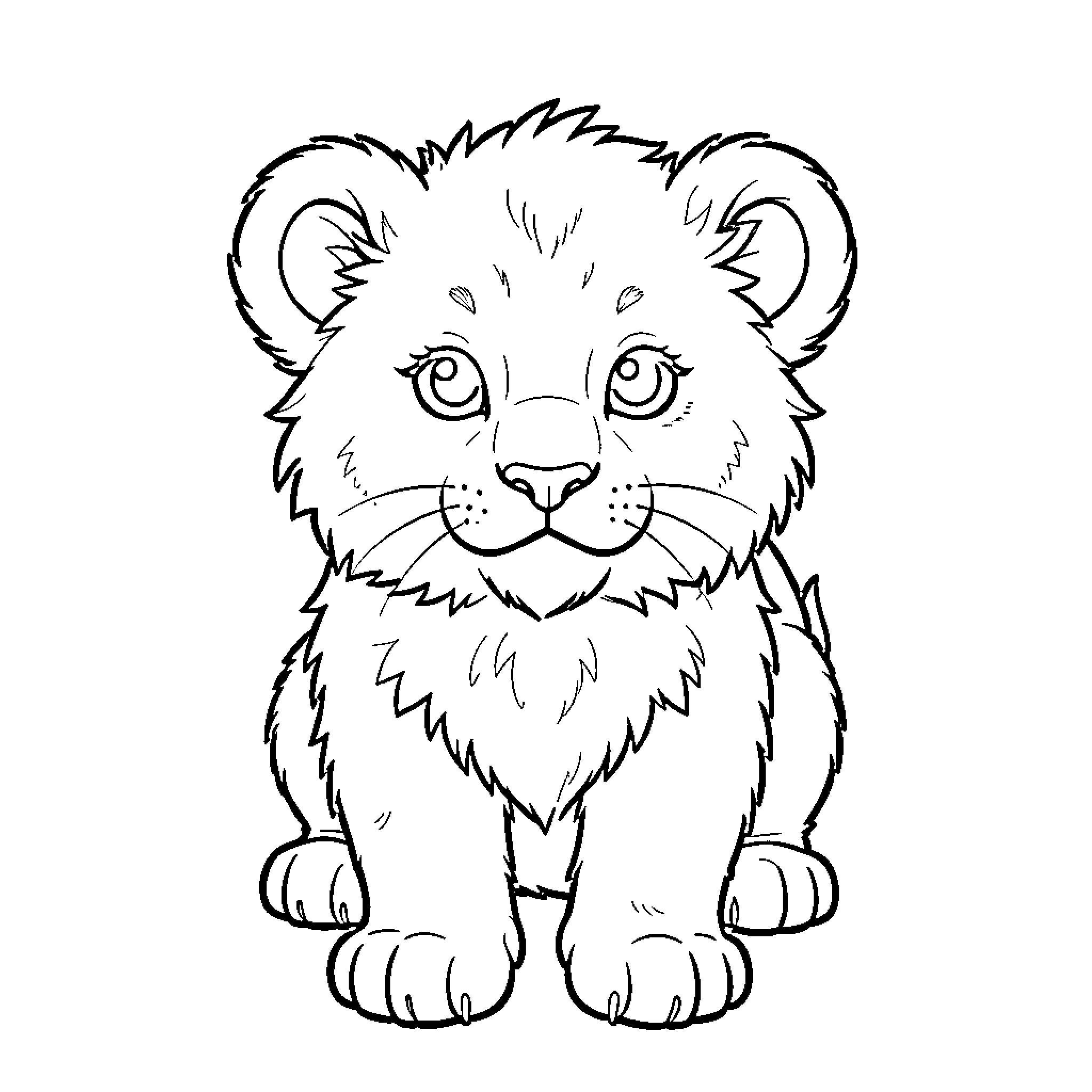 Lion cub with wide-eyed expression Coloring Page (free black-and-white line drawing printable PDF for all, from beginners to advanced learners, including children, teens, adults, and seniors)