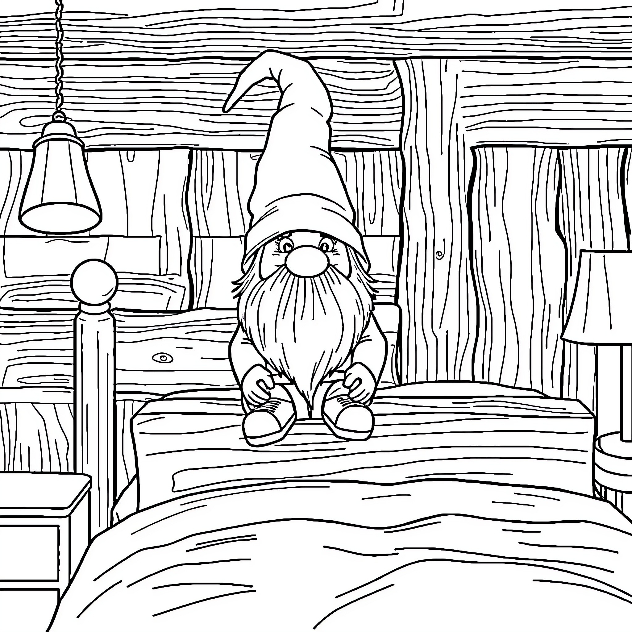 Gnome relaxing in a cozy cabin Coloring Page (free black-and-white line drawing printable PDF for all, from beginners to advanced learners, including children, teens, adults, and seniors)