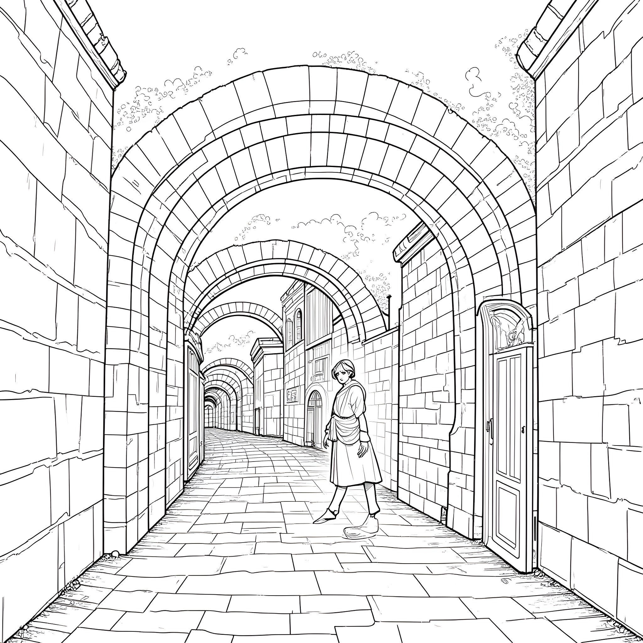 Dwarf exploring the winding arched passageway Coloring Page (free black-and-white line drawing printable PDF for all, from beginners to advanced learners, including children, teens, adults, and seniors)