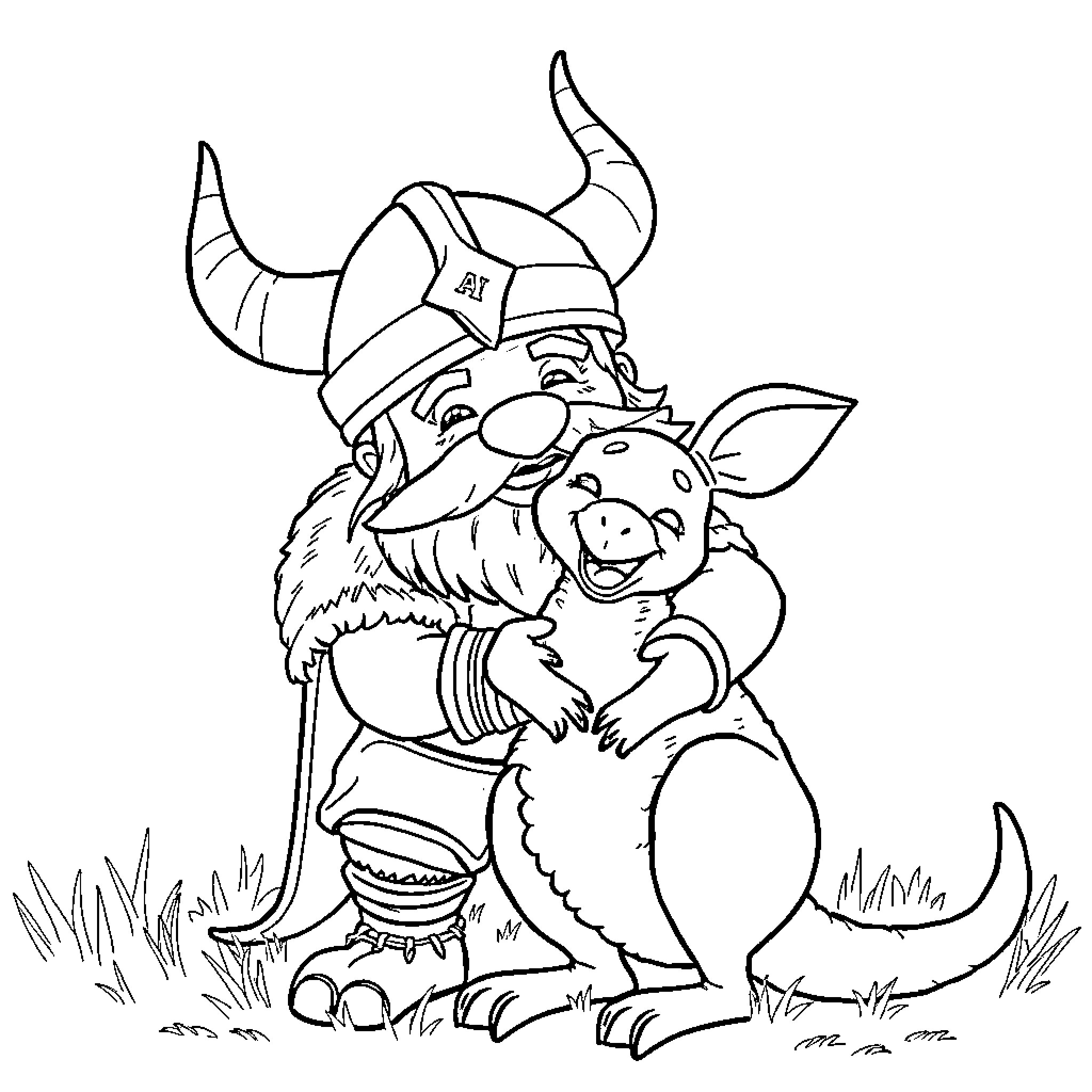 Viking Warrior Befriends Adorable Pig Coloring Page (free black-and-white line drawing printable PDF for all, from beginners to advanced learners, including children, teens, adults, and seniors)