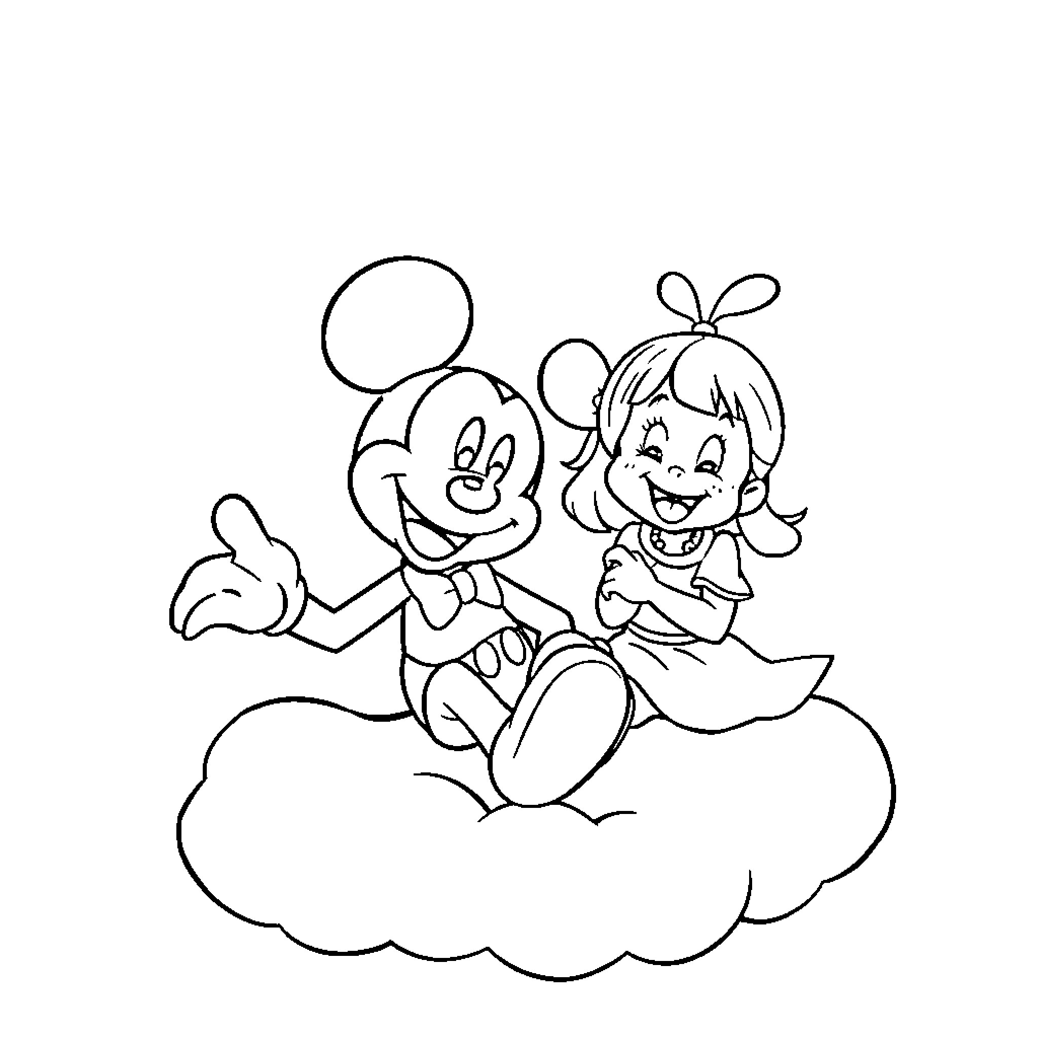 Mickey Mouse and friend playing on cloud Coloring Page (free black-and-white line drawing printable PDF for all, from beginners to advanced learners, including children, teens, adults, and seniors)