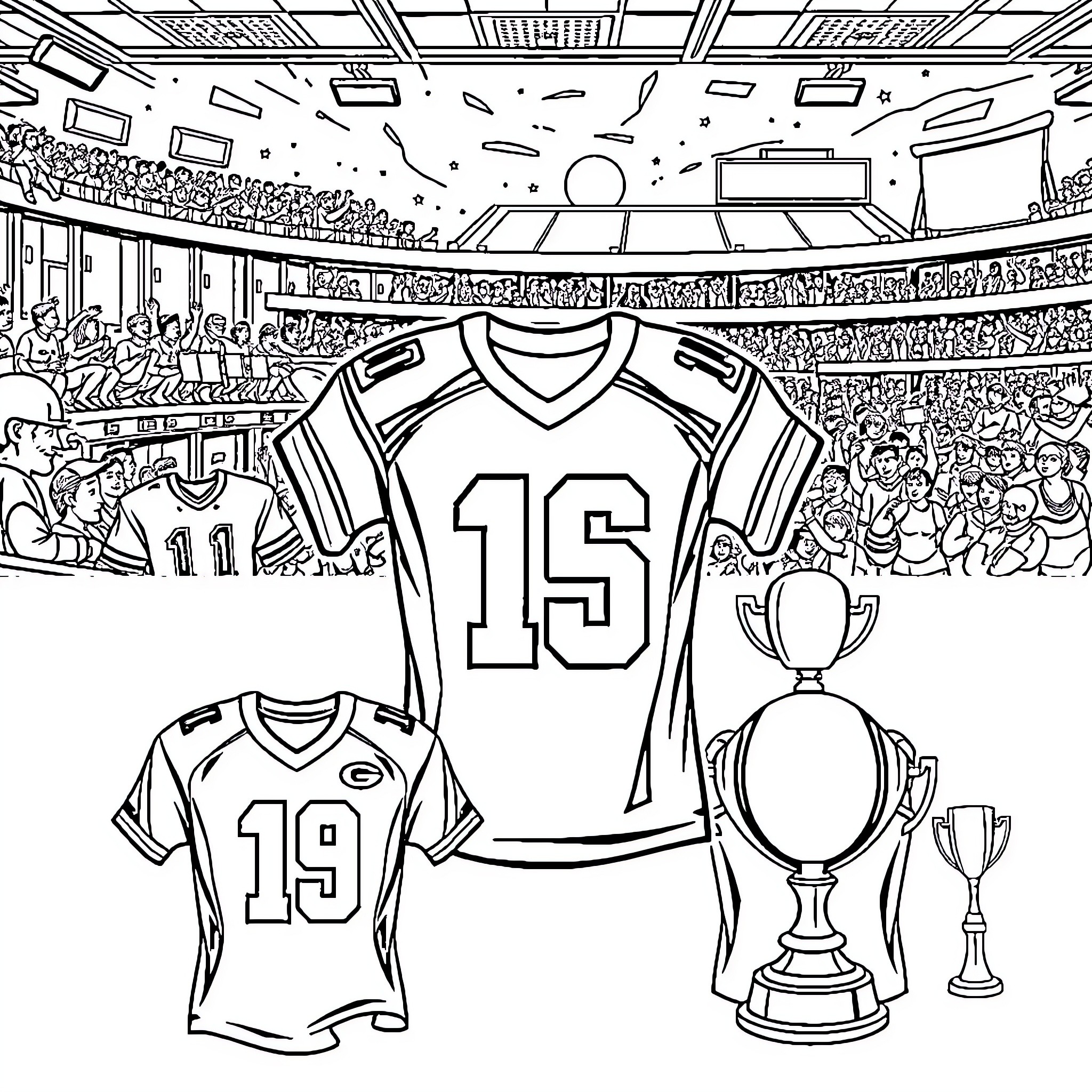 Football Shirt with Trophy and Fans in Stadium Coloring Page (free black-and-white line drawing printable PDF for all, from beginners to advanced learners, including children, teens, adults, and seniors)