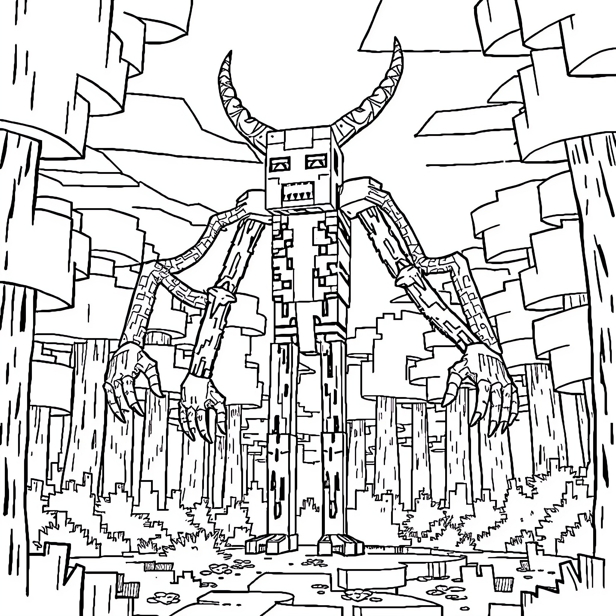 Sirenhead towering over the city in a stormy landscape Coloring Page (free black-and-white line drawing printable PDF for all, from beginners to advanced learners, including children, teens, adults, and seniors)