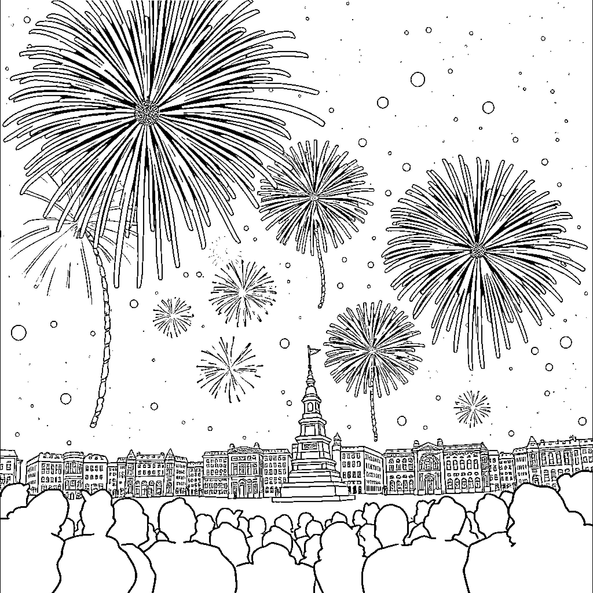 New Year Fireworks Celebration Over City Skyline Coloring Page (free black-and-white line drawing printable PDF for all, from beginners to advanced learners, including children, teens, adults, and seniors)