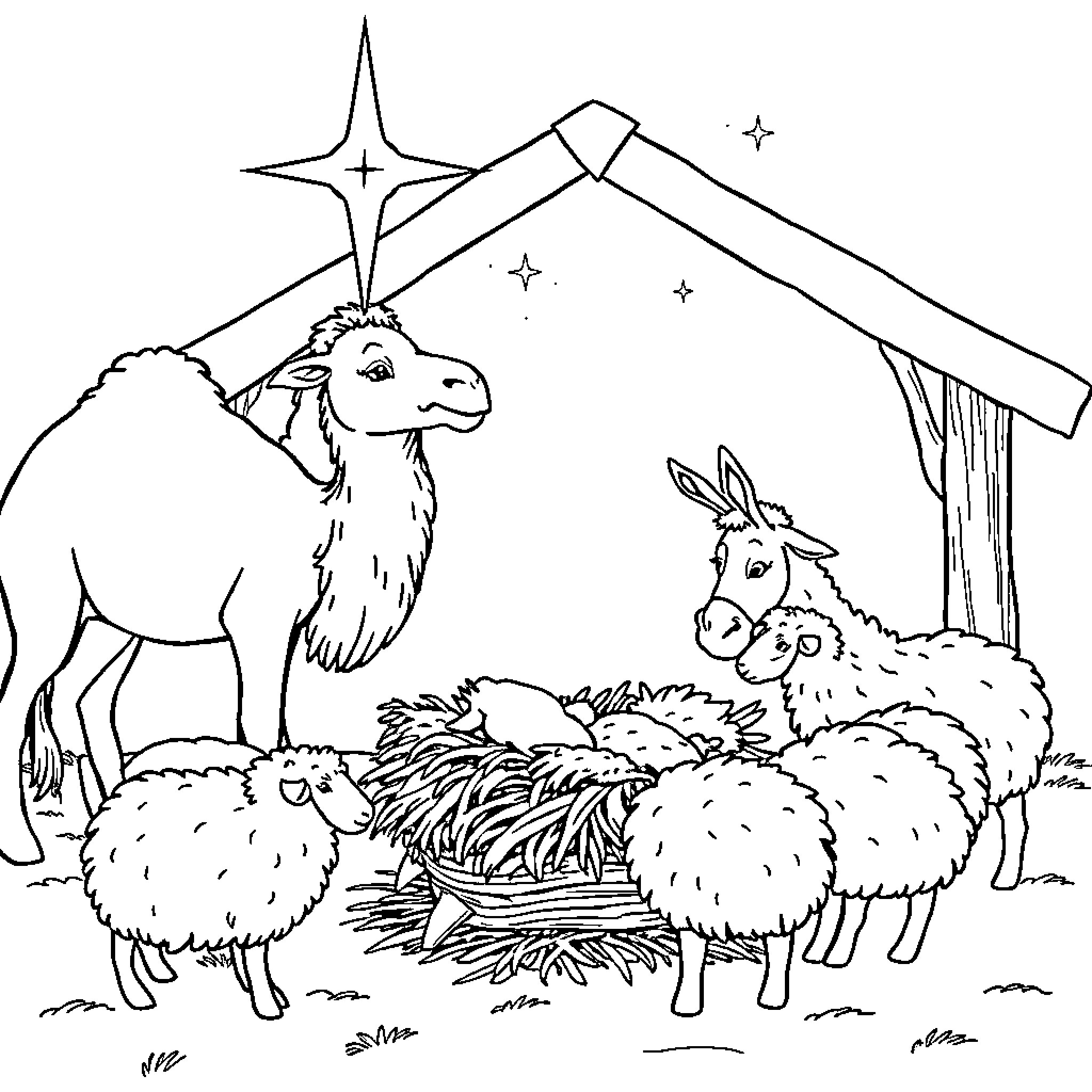 Nativity scene with animals and shining star Coloring Page (free black-and-white line drawing printable PDF for all, from beginners to advanced learners, including children, teens, adults, and seniors)