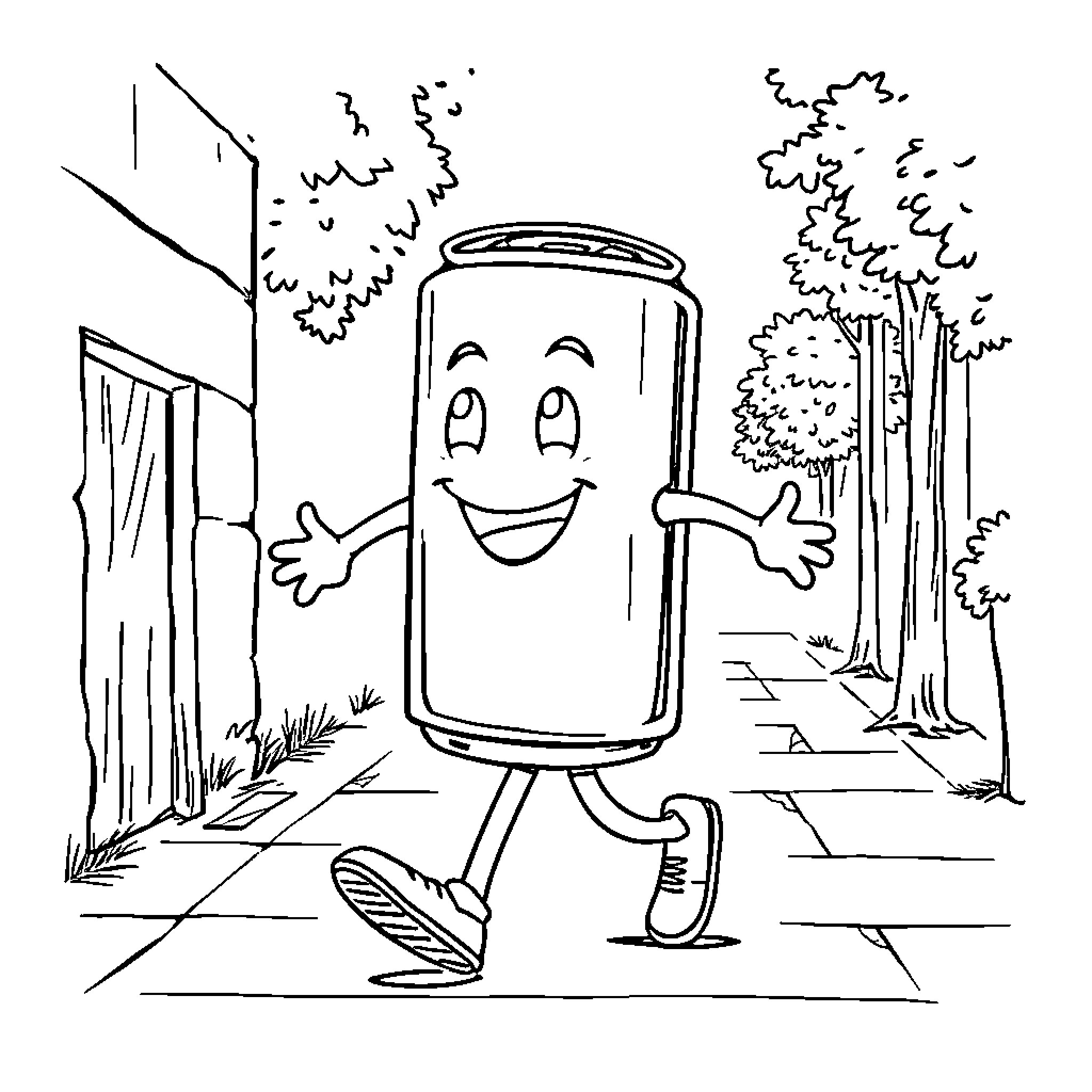 Soda Can Character Happily Walking in Nature Coloring Page (free black-and-white line drawing printable PDF for all, from beginners to advanced learners, including children, teens, adults, and seniors)
