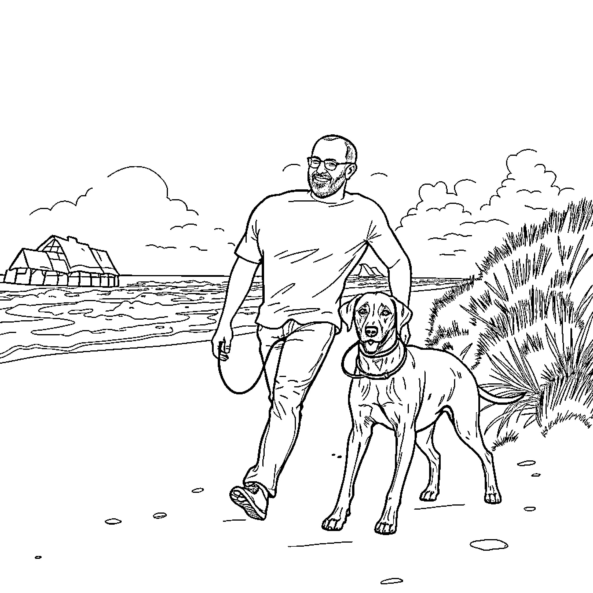 Couple strolling along the beach with their dog Coloring Page (free black-and-white line drawing printable PDF for all, from beginners to advanced learners, including children, teens, adults, and seniors)