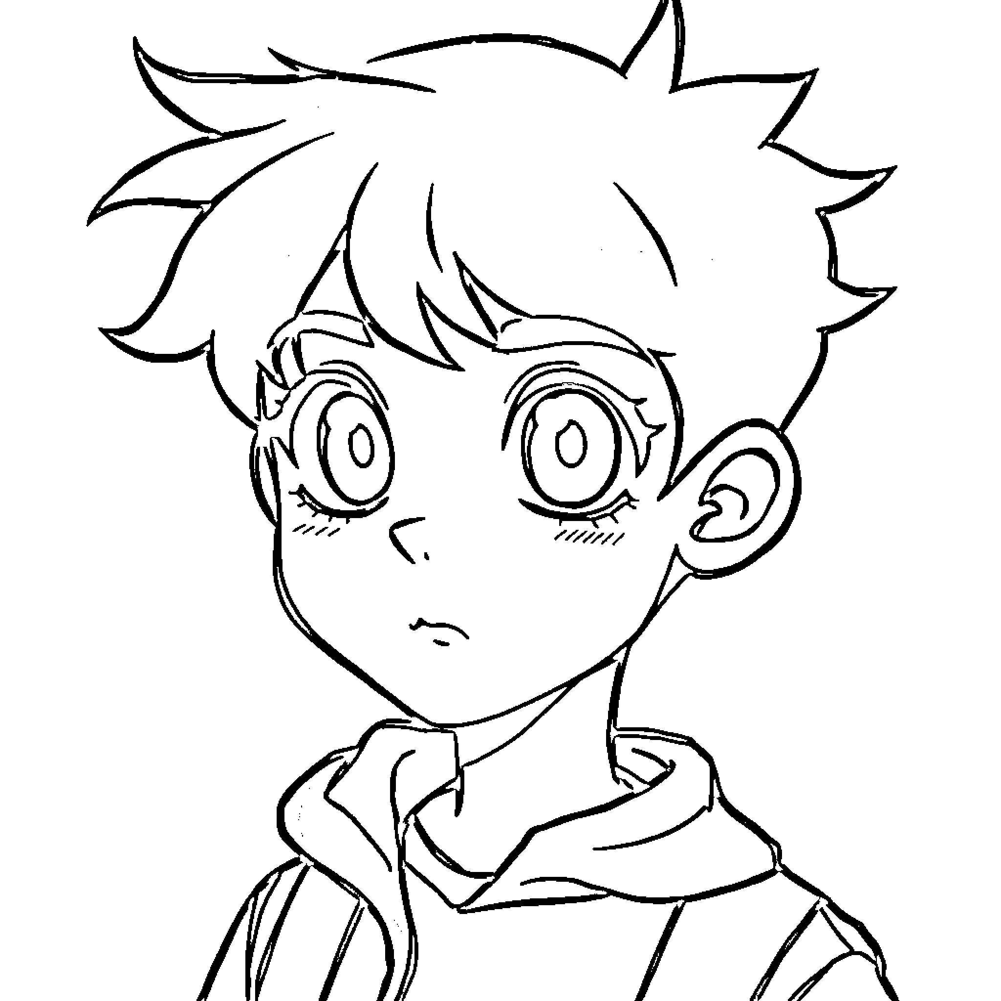 Boy with expressive features and disheveled hair Coloring Page (free black-and-white line drawing printable PDF for all, from beginners to advanced learners, including children, teens, adults, and seniors)