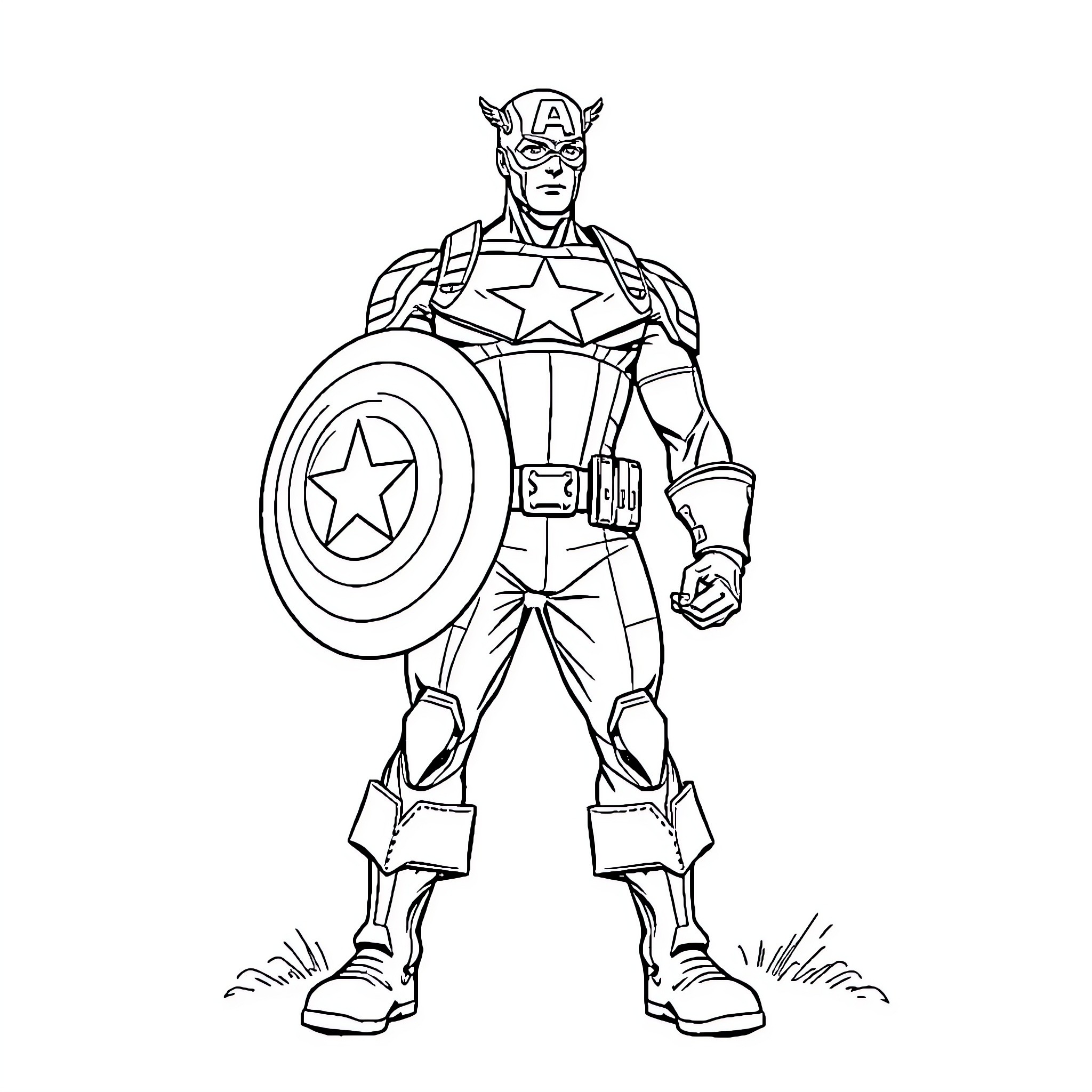 Captain America Heroic Stance with Shield Coloring Page (free black-and-white line drawing printable PDF for all, from beginners to advanced learners, including children, teens, adults, and seniors)