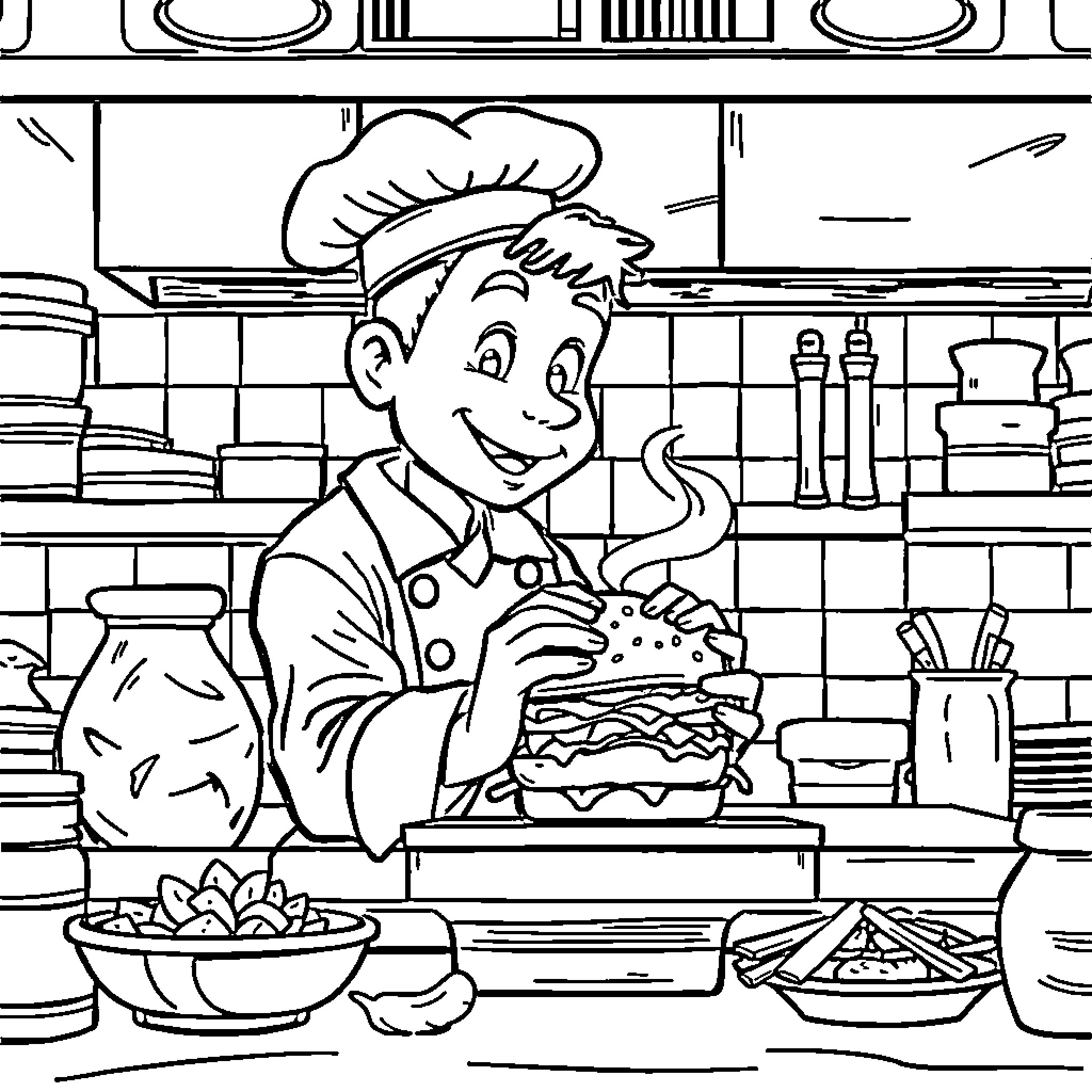 Chef preparing a delicious meal in the kitchen Coloring Page (free black-and-white line drawing printable PDF for all, from beginners to advanced learners, including children, teens, adults, and seniors)