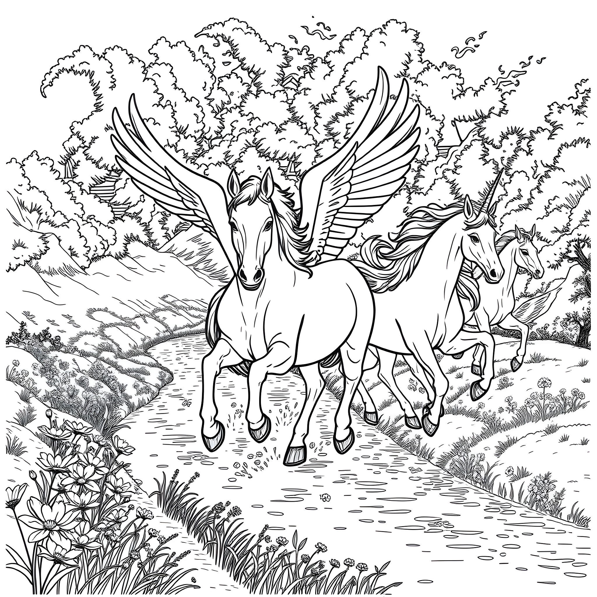 Pegasus and Unicorns Running through Magical Forest Coloring Page (free black-and-white line drawing printable PDF for all, from beginners to advanced learners, including children, teens, adults, and seniors)