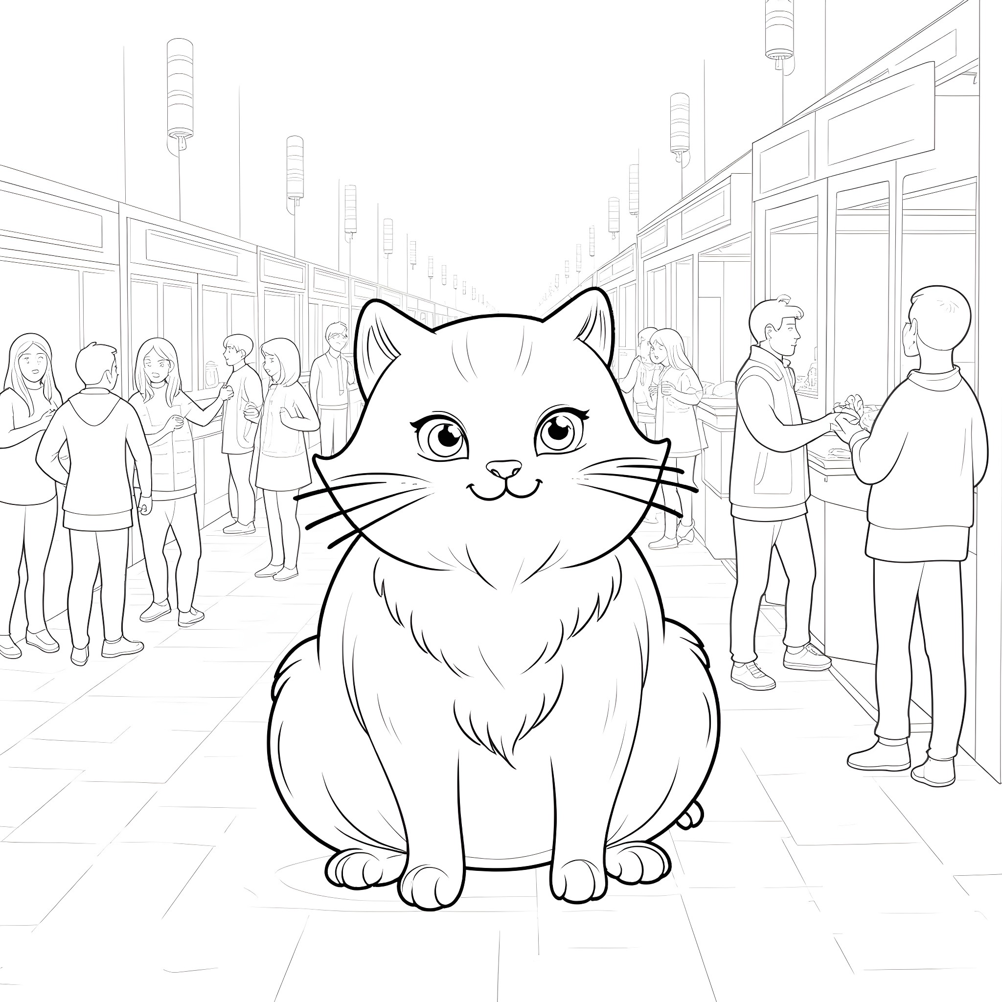 Cat exploring a busy city street Coloring Page (free black-and-white line drawing printable PDF for all, from beginners to advanced learners, including children, teens, adults, and seniors)