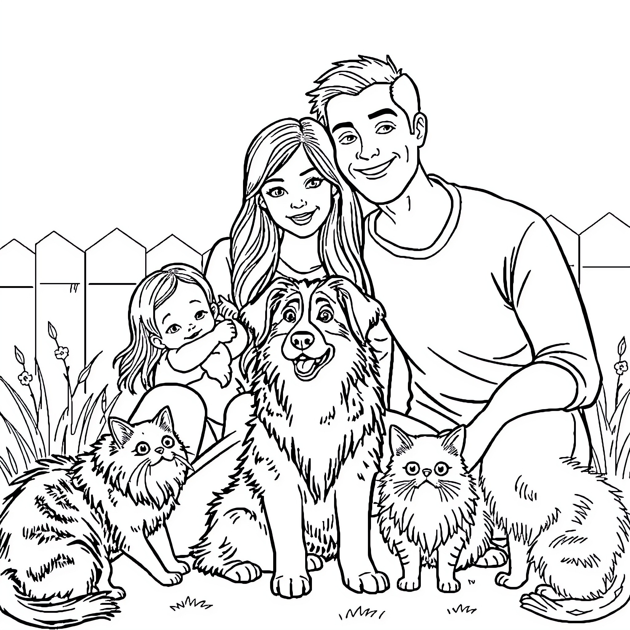 Family posing with pets in the backyard Coloring Page (free black-and-white line drawing printable PDF for all, from beginners to advanced learners, including children, teens, adults, and seniors)