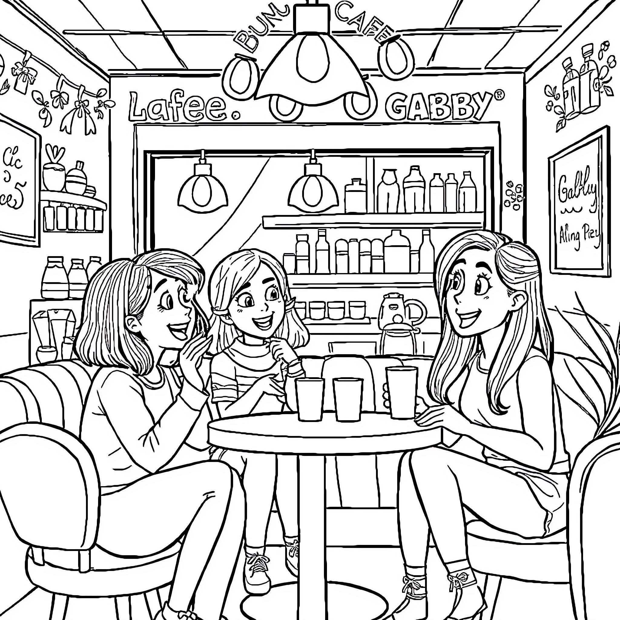 Gabby's Cozy Cafe Hangout Coloring Page (free black-and-white line drawing printable PDF for all, from beginners to advanced learners, including children, teens, adults, and seniors)