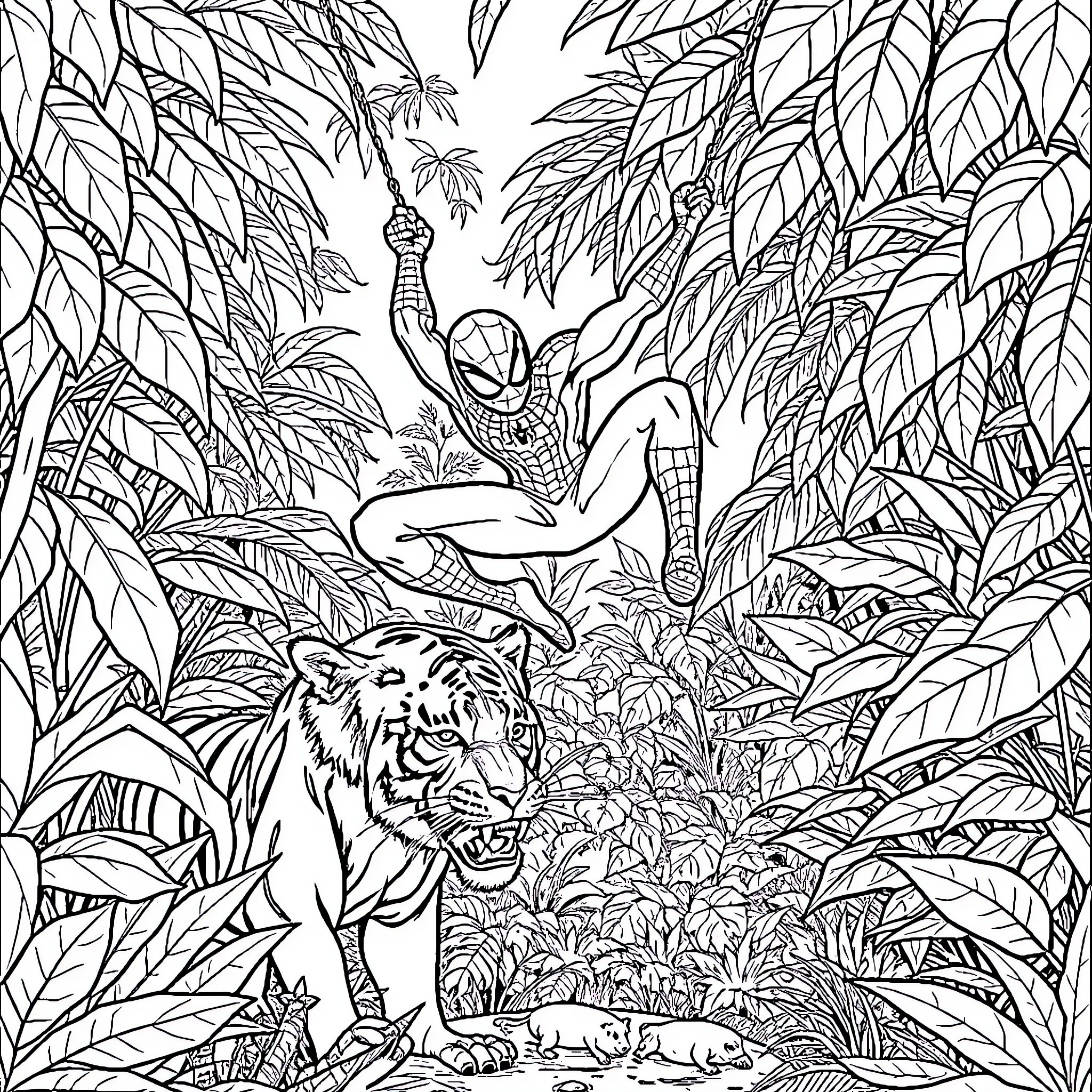 Spiderman swinging through the jungle with a tiger Coloring Page (free black-and-white line drawing printable PDF for all, from beginners to advanced learners, including children, teens, adults, and seniors)