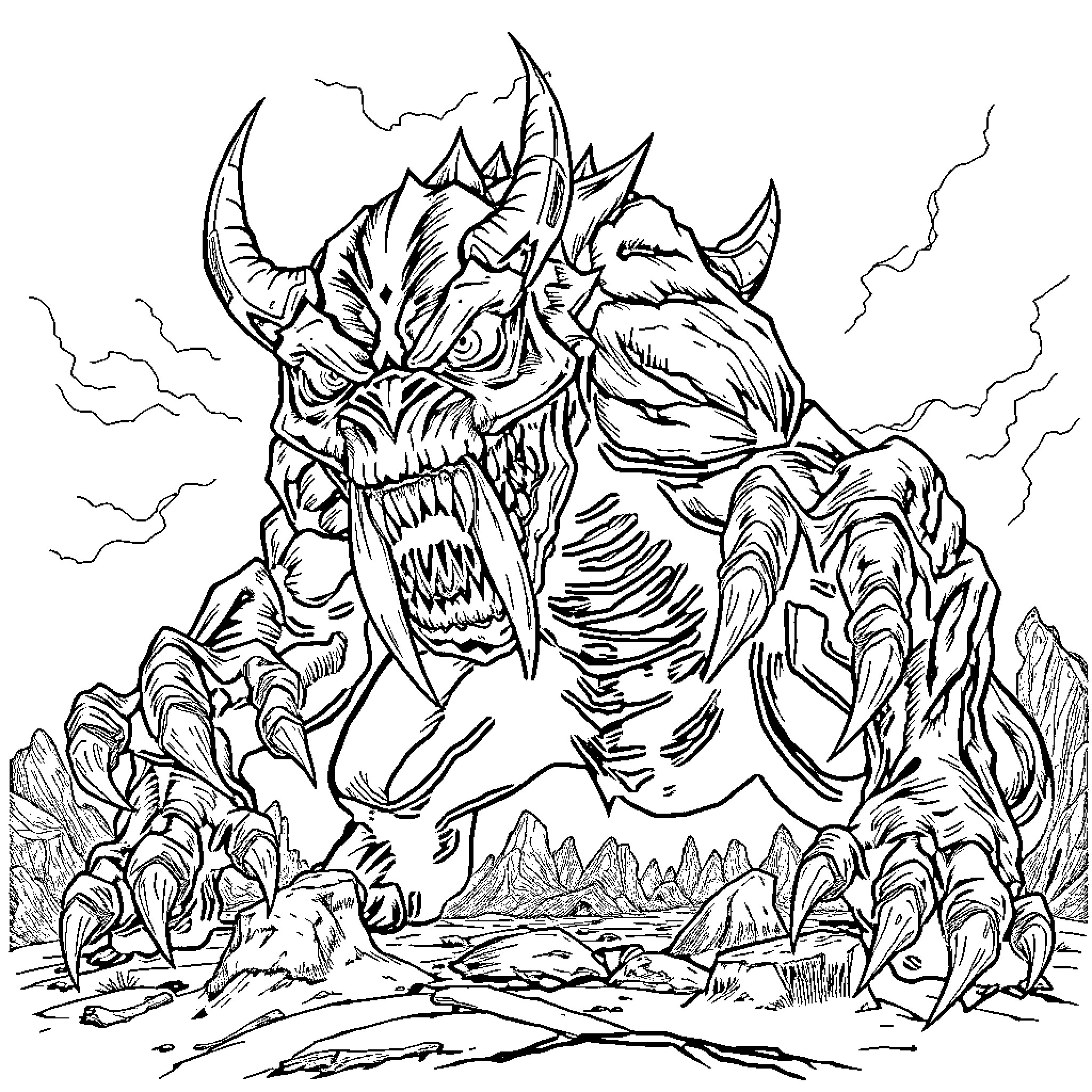 Monster Unleashes Destruction in Rugged Landscape Coloring Page (free black-and-white line drawing printable PDF for all, from beginners to advanced learners, including children, teens, adults, and seniors)