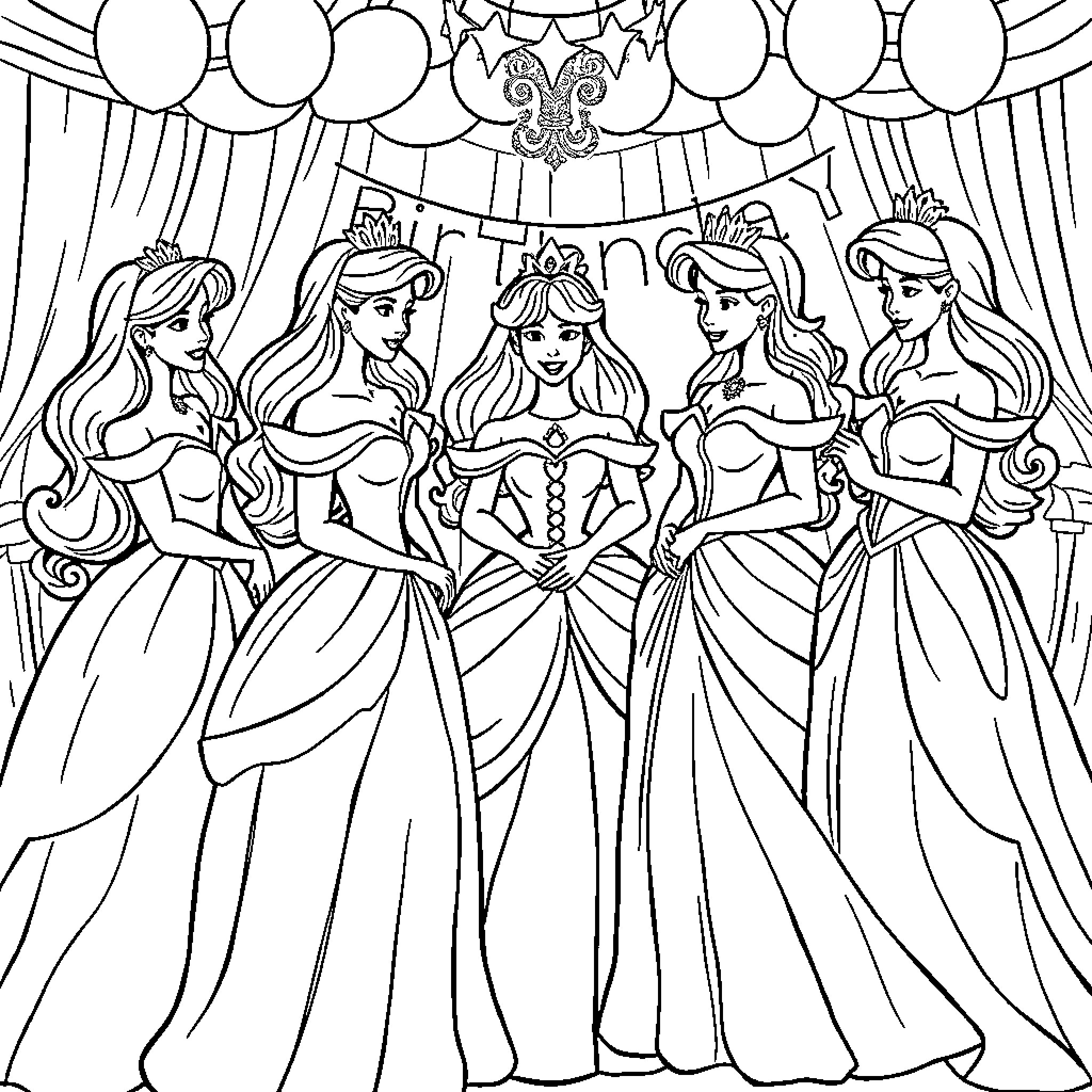 Princess Ensemble Enjoying Celebration Coloring Page (free black-and-white line drawing printable PDF for all, from beginners to advanced learners, including children, teens, adults, and seniors)
