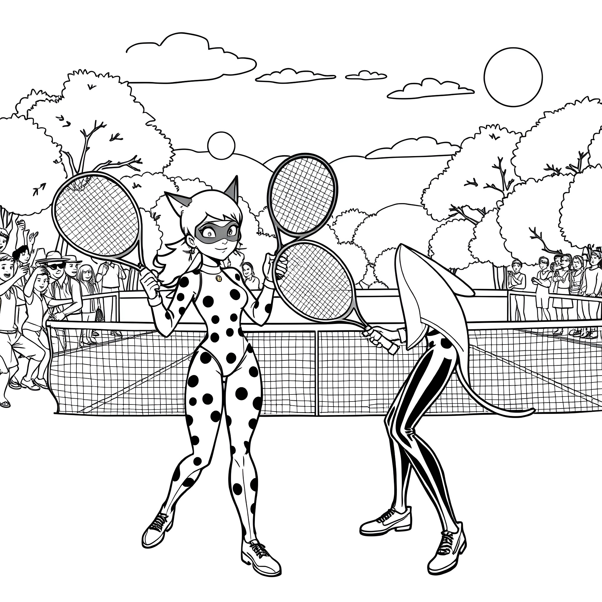 Ladybug and friends playing tennis on the court Coloring Page (free black-and-white line drawing printable PDF for all, from beginners to advanced learners, including children, teens, adults, and seniors)