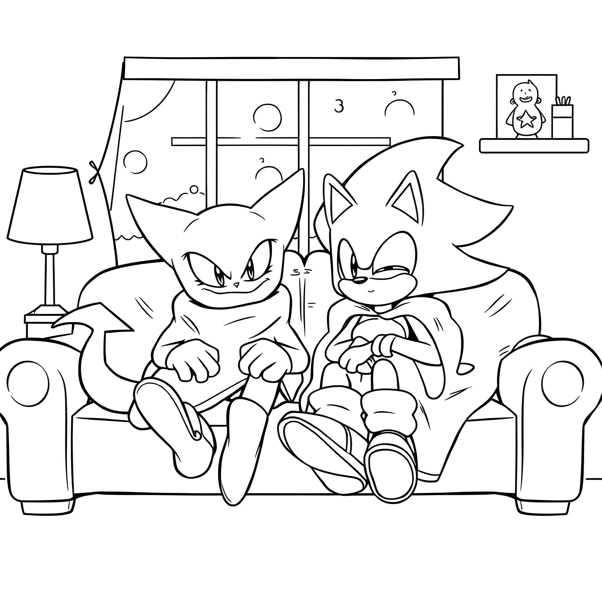 Gengar enjoying a cozy moment with Sonic on the couch Coloring Page (free black-and-white line drawing printable PDF for all, from beginners to advanced learners, including children, teens, adults, and seniors)