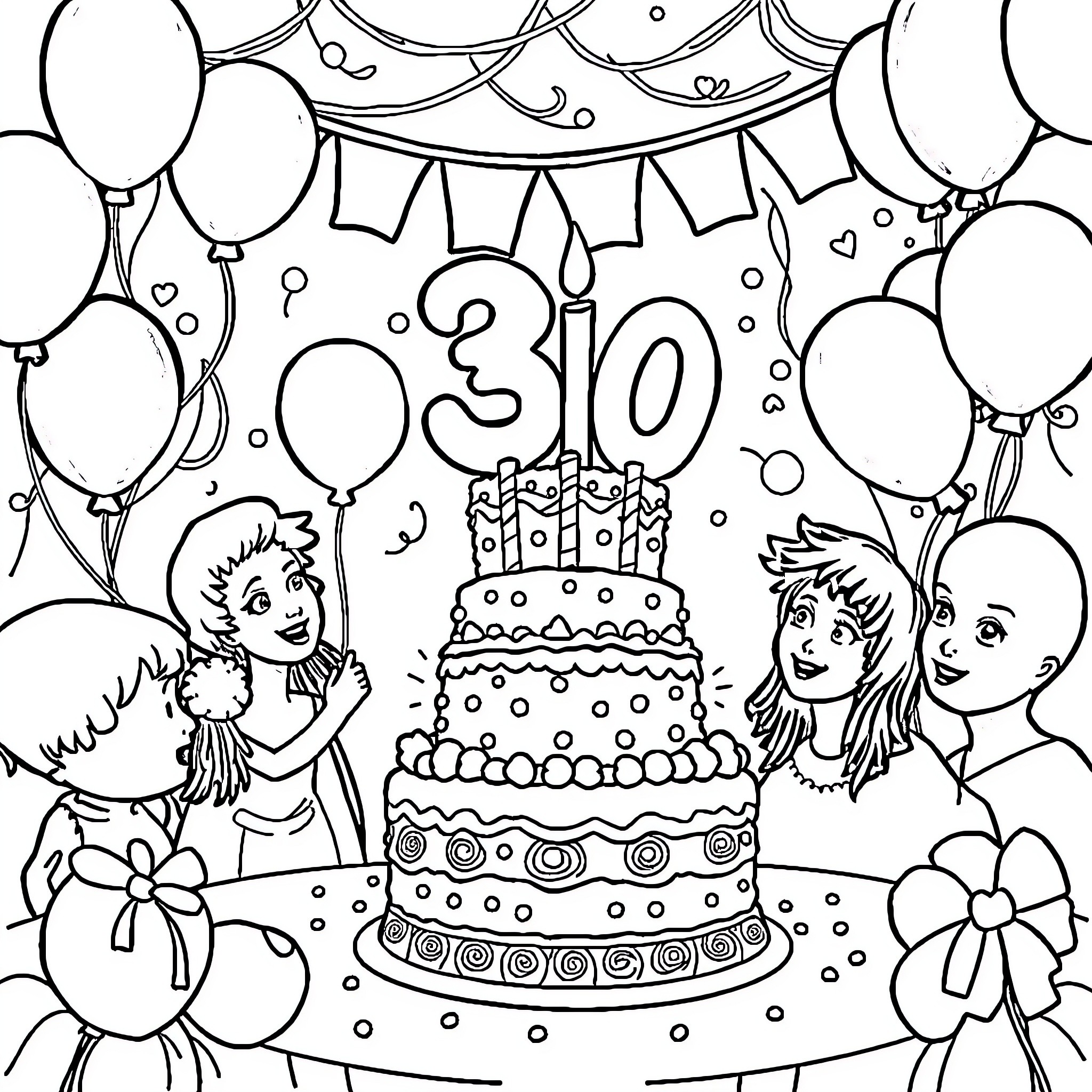 Birthday Celebration with Cake, Balloons and Friends Coloring Page (free black-and-white line drawing printable PDF for all, from beginners to advanced learners, including children, teens, adults, and seniors)